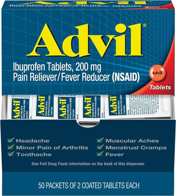 Advil Ibuprofen Tablets, 200 mg Pain Reliever/Fever Reducer (NSAID), 100 Tablets (50 Packets of 2 Tablets Each) Advil uk supplements