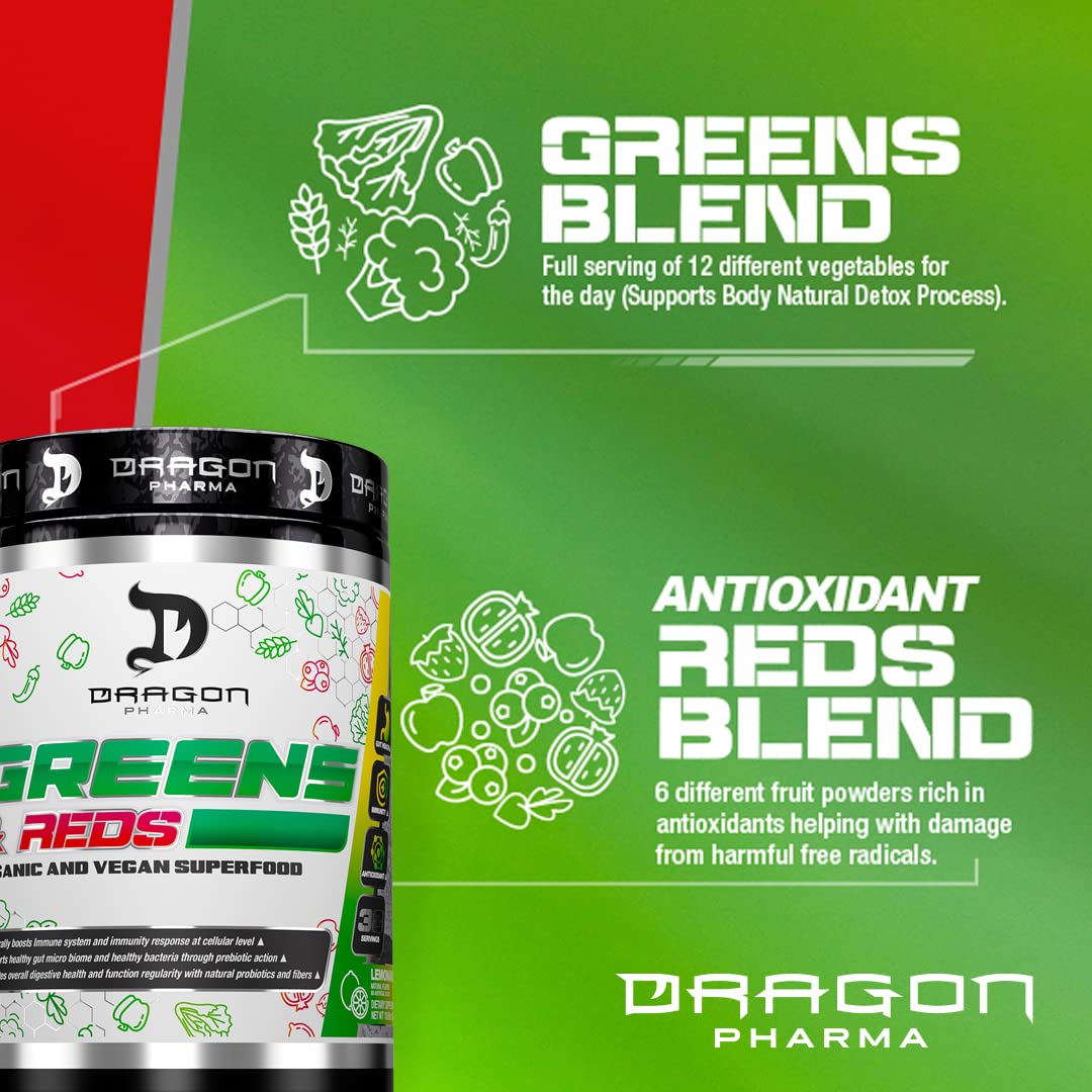 DRAGON PHARMA Greens and Reds, Over 23 Nutritious Superfoods, Reds and Vegetables, Optimal Health and Wellness (30 Servings, Original) DRAGON PHARMA uk supplements