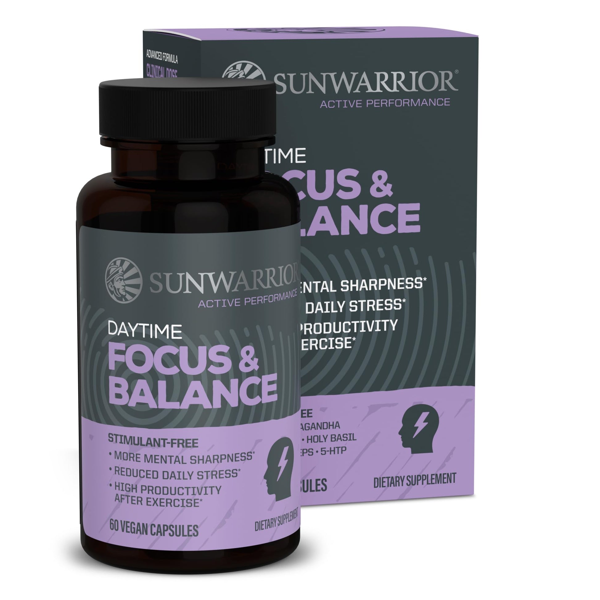 Ashwagandha, Rhodiola, Reishi & 5-HTP for Stress-Free Focus Active Focus & Balance Capsules Caffeine-Free Nootropic for Calm Energy & Mental Clarity, Mood & Immune Support 60 Vegan Capsules Sunwarrior uk supplements