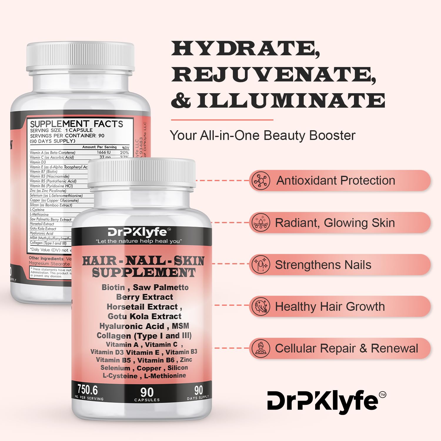 DrPKLyfe Hair, Nail and Skin Supplement Capsules:Biotin, Collagen, Collagen Peptides, Acid Hyaluronic, Biotin, Vitamin A, C, B5, B6 Saw Palmetto & More - 90 Capsules. DrPKLyfe uk supplements