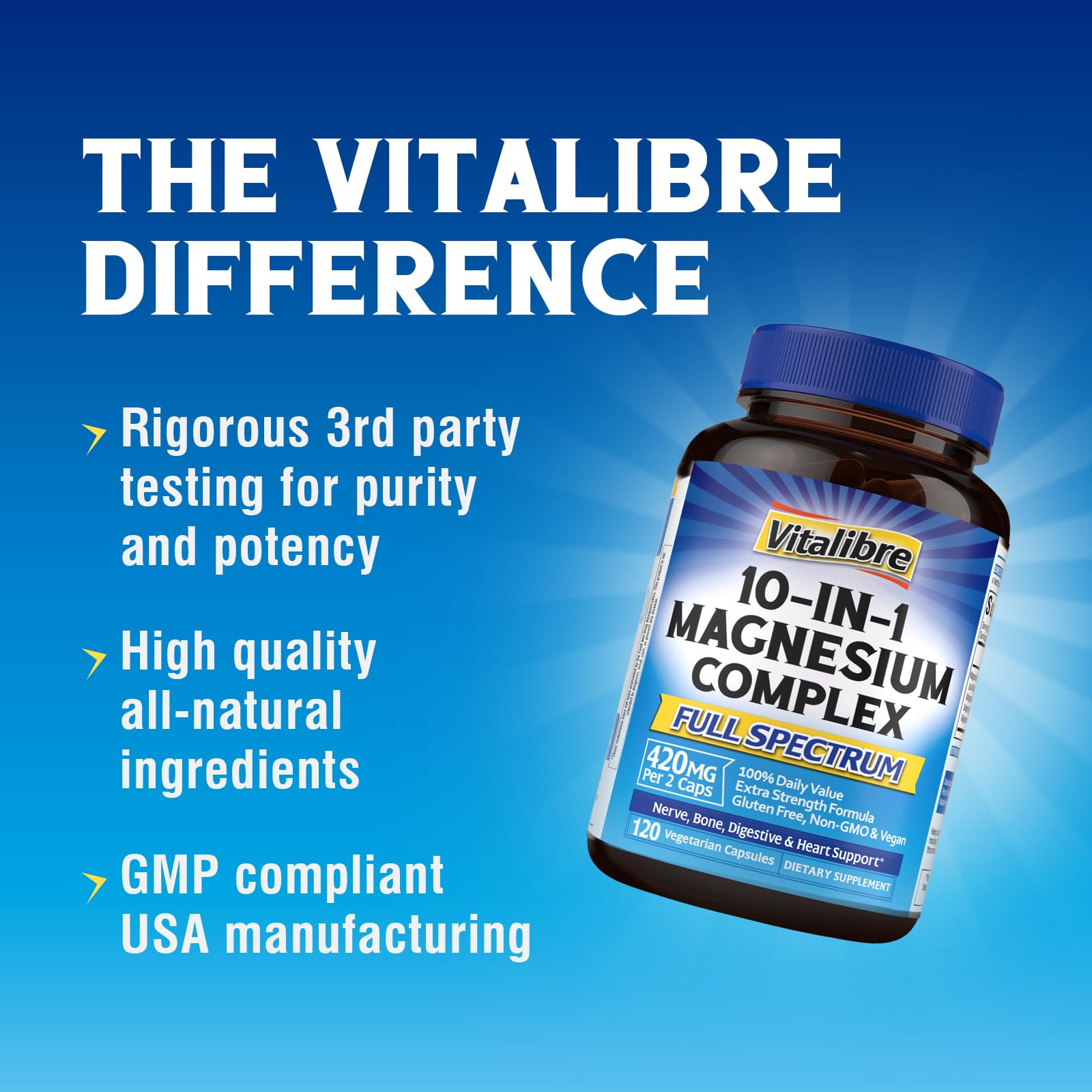 Vitalibre 10 in 1 Magnesium Complex, 420mg Elemental Magnesium | Ultra Strength, Max Absorption | Chelated Magnesium Supplement for Nerves, Bone & Heart Health | Non-GMO, 120 Vegan Capsules Vitalibre uk supplements