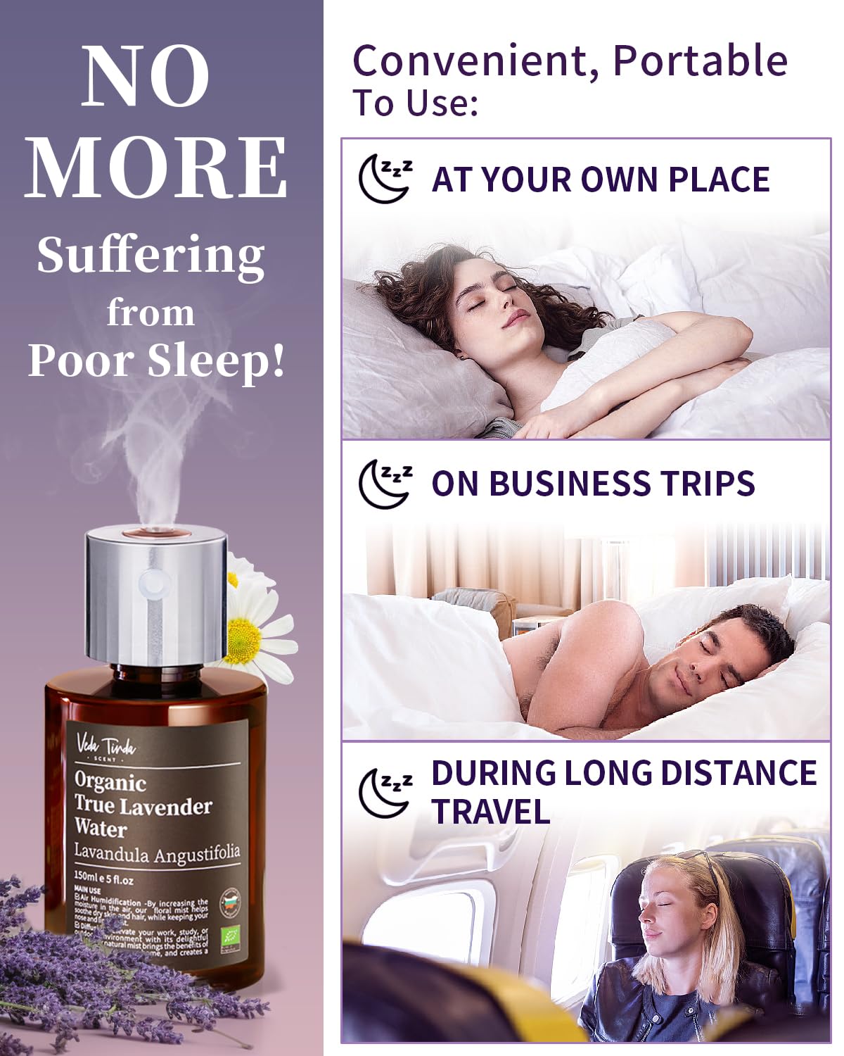 VTS Organic Lavender Water and Roman Chamomile Floral Water with Diffuser, Aromatherapy Air VEDA TINDA SCENT uk supplements