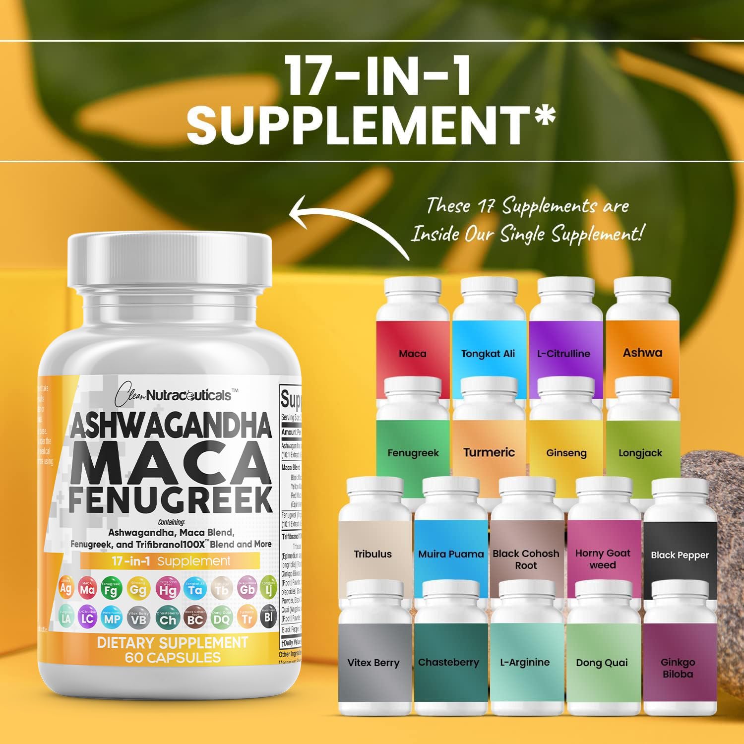 Clean Nutraceuticals Ashwagandha Maca Root Fenugreek Supplement with Tongkat Ali Ginseng - Assists with Stress, Mood & Thyroid - Ashwagandha Capsules Fenugreek Caps - 1 Pack Clean Nutraceuticals uk supplements