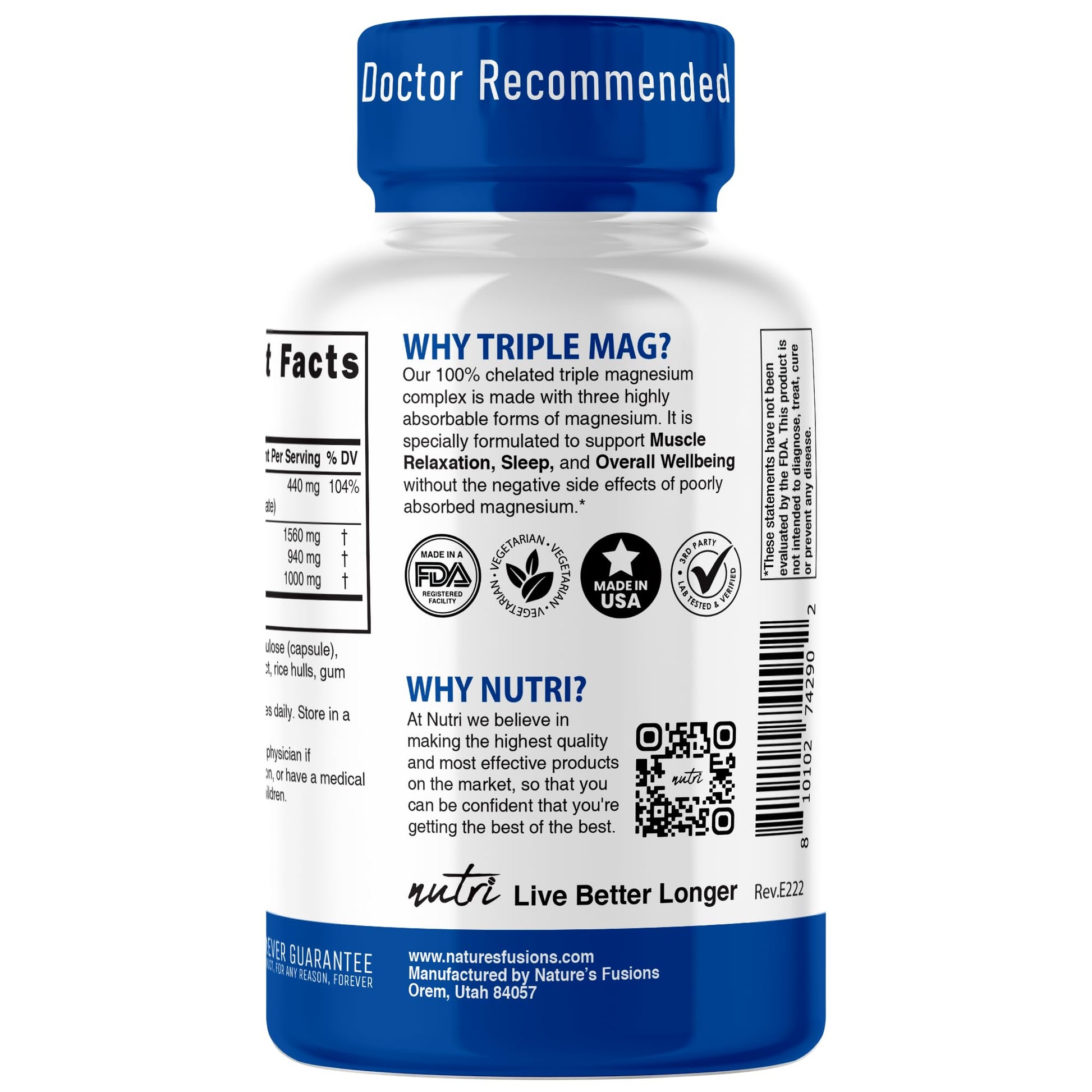 Nutri Triple Magnesium Complex 440mg - Magnesium Glycinate, Malate, & Taurinate - 100% Chelated for Maximum Absorption - 120 Vegan Capsules - Triple Complex Magnesium - Magnesio Triple Complex Nature's Fusions uk supplements