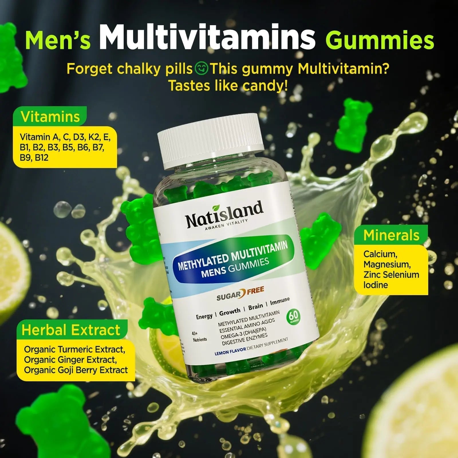 Methylated Multivitamin for Men Gummies, Men`s Multivitamins Gummies with Vitamin B Complex, A, C ,D3, E, K2, Calcium, Magnesium, Omega-3 NATISLAND uk supplements
