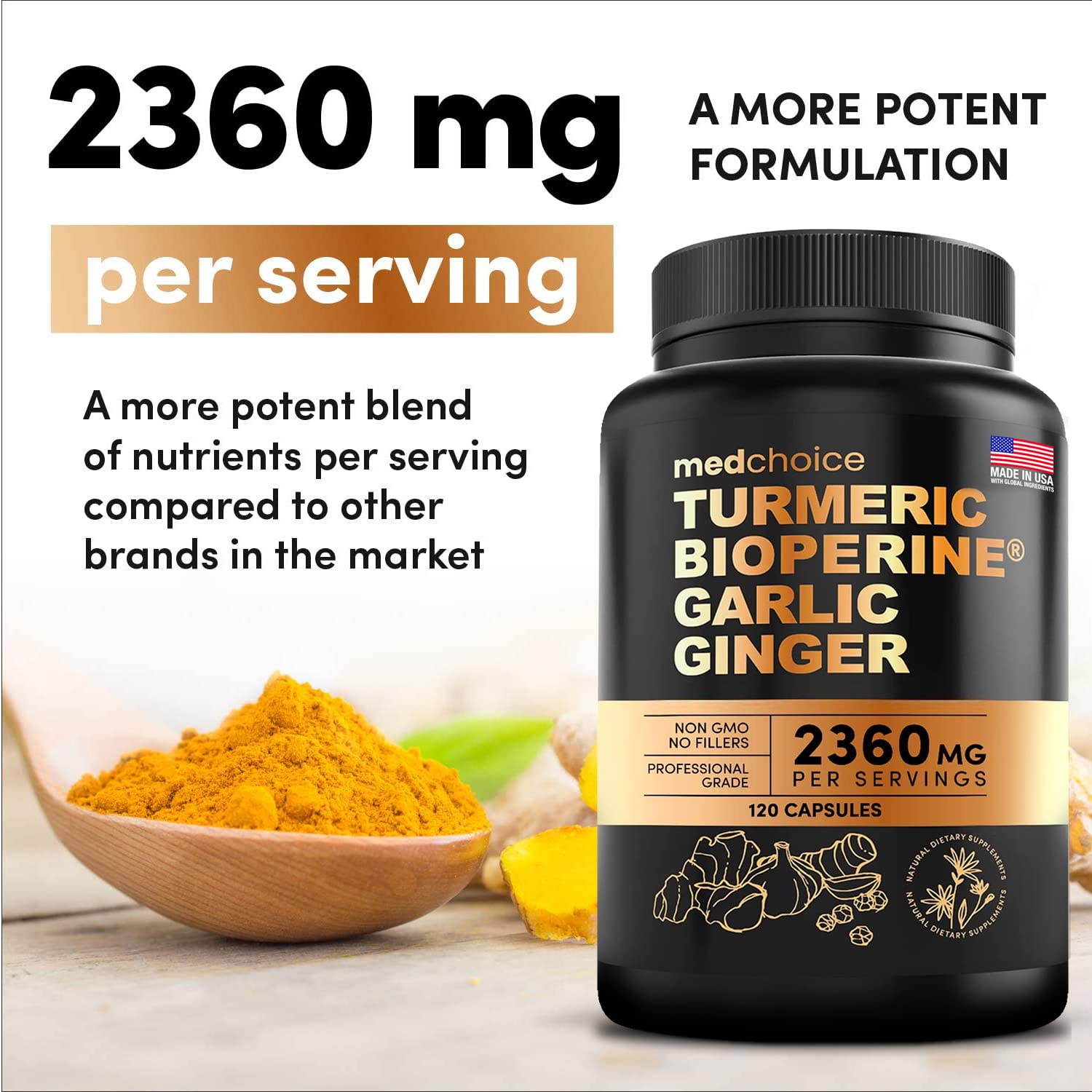 4-in-1 Turmeric and Garlic Supplements with Bioperine 2360 mg (360 ct) Turmeric Ginger MEDCHOICE uk supplements