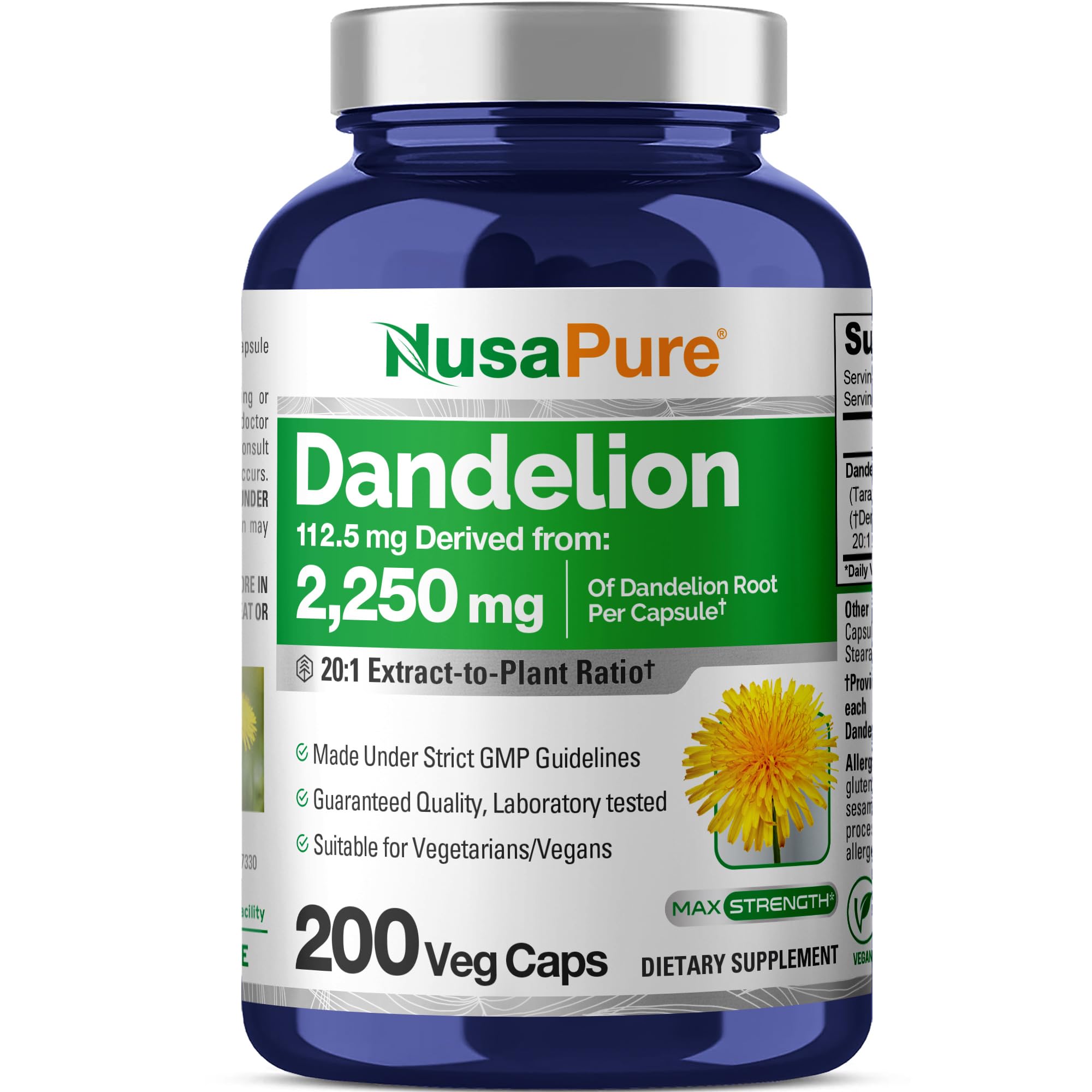 NusaPure Dandelion Root 20:1 Extract, 112.5 mg Equivalent to 2,250 mg 200 Veggie Capsules (Non-GMO, Vegan) NusaPure uk supplements