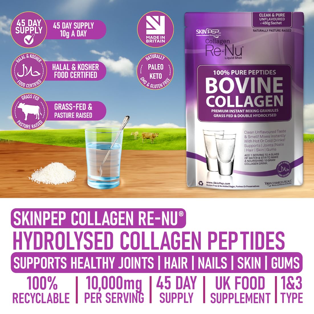Collagen Powder, Ultra Premium Hydrolysed Bovine Collagen Peptides by SkinPep Skin Pep uk supplements