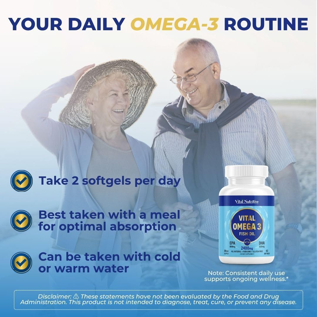 Vital Omega 3 Fish Oil Supplements 2400mg | 864mg EPA & 576mg DHA | 1440mg Total Omega-3 Fatty Acids | Promotes Brain & Heart Health | Non-GMO, Gluten-Free, Sugar-Free | Lemon | 60 Day Servings VITAL NUTRITIVE uk supplements