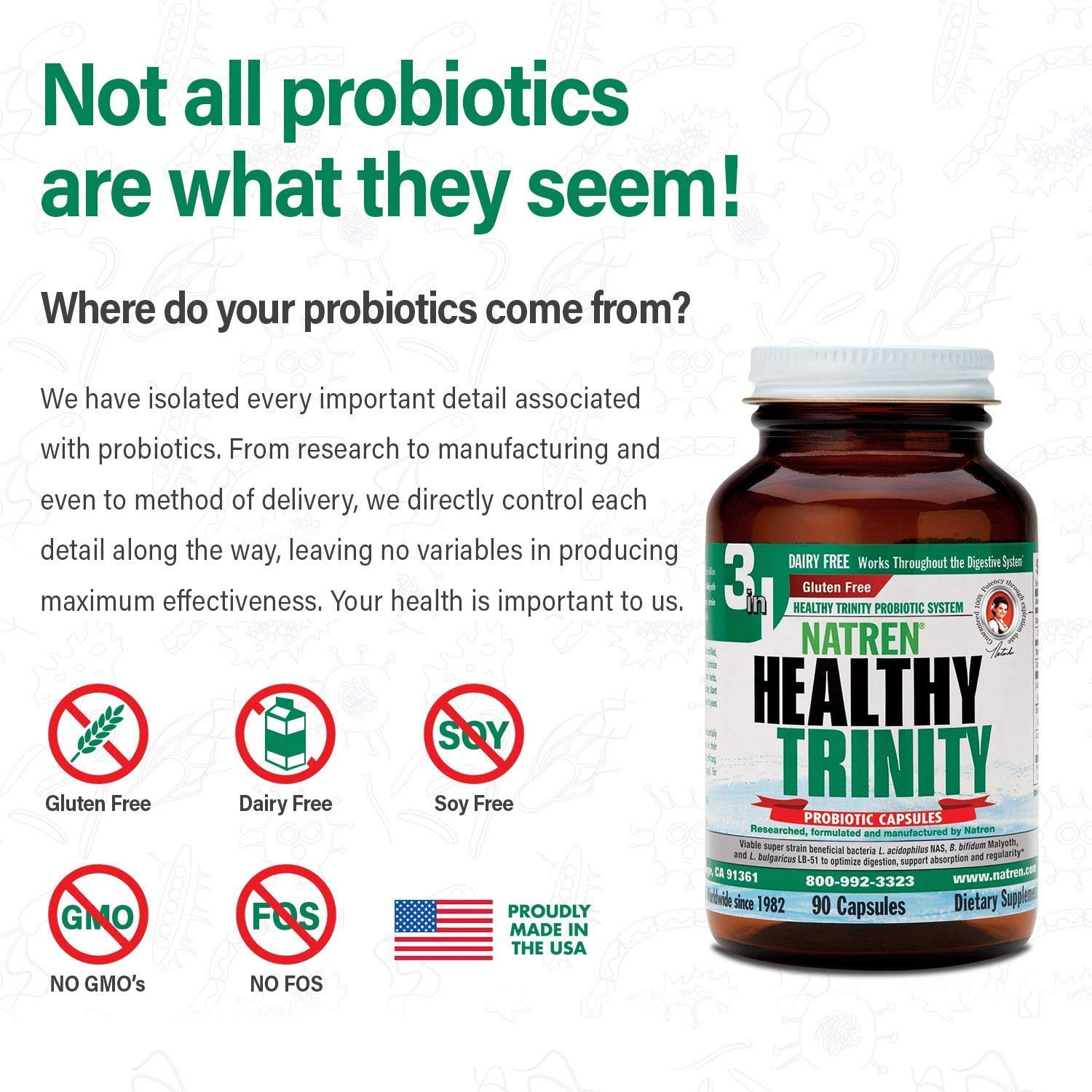 Natren Healthy Trinity Probiotics Supplement - 90 Dairy and Gluten Free Gel Capsules - Improve Gut and Digestive Health, 30 Billion CFU - Lactobacillus Acidophilus, Bifidobacterium, Bulgaricus Natren uk supplements