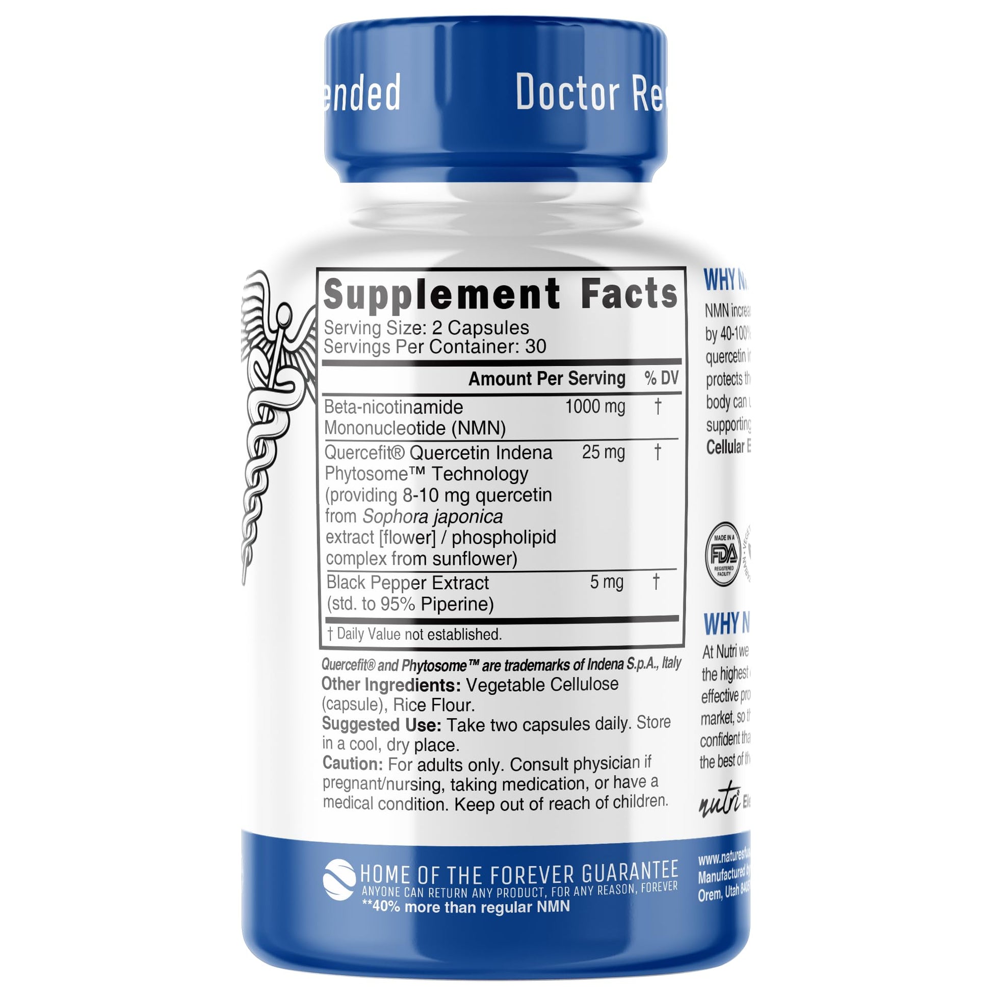 NMN Supplement 1000mg NAD Supplement - Nutri Ultra High Absorption Stabilized NMN Nicotinamide Mononucleotide, 40% More NAD+ with Quercetin Phytosome & Black Pepper - mnm supplement (60 Capsules) Nature's Fusions uk supplements