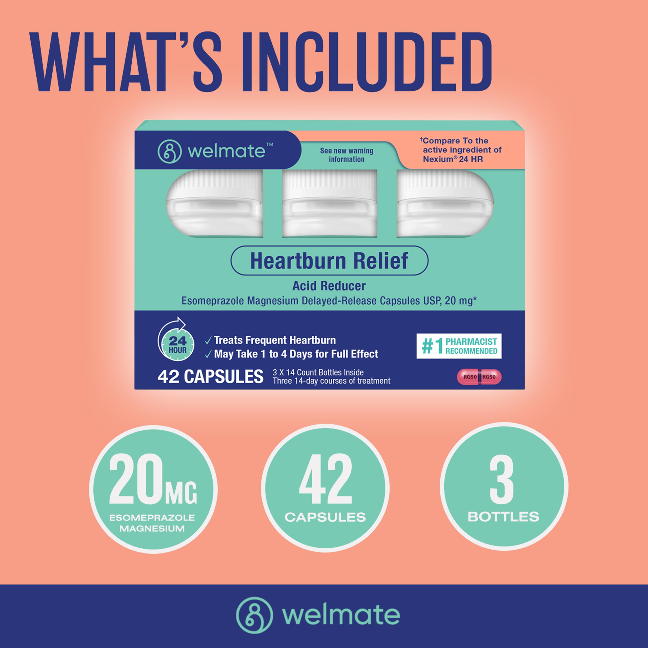 WELMATE Esomeprazole Magnesium 20mg Delayed Release Capsules, 84 Count (2-Pack) – Acid Reducer for Frequent Heartburn & Acid Reflux Relief, 24HR Protection, Digestion Support WELMATE uk supplements