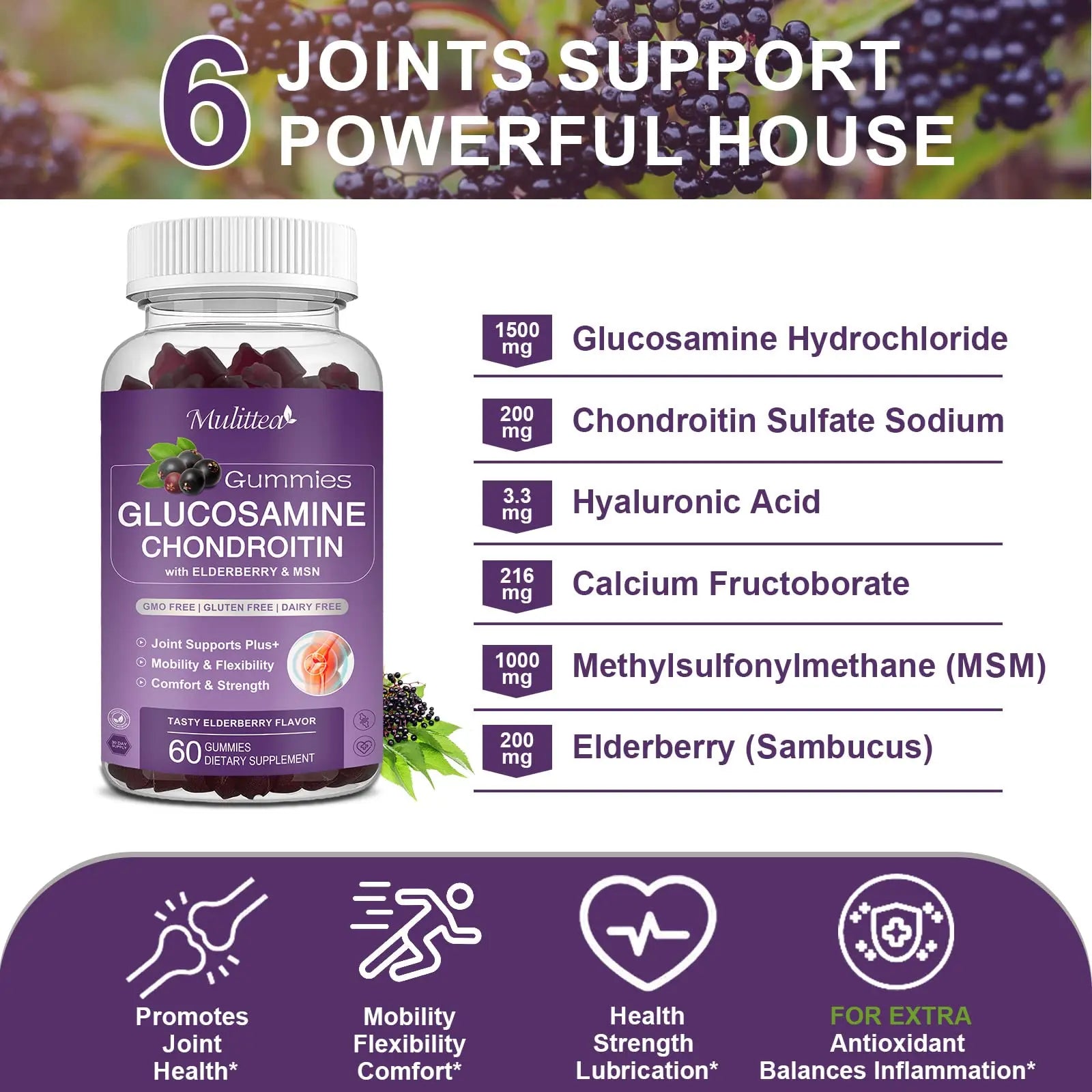 Mulittea Glucosamine Chondroitin Gummies - Extra Strength Joint Support Supplement with MSM & Elderberry for Natural Joint, Antioxidant Immune Support for Adults, Men & Women-(2 Pack) Mulittea uk supplements