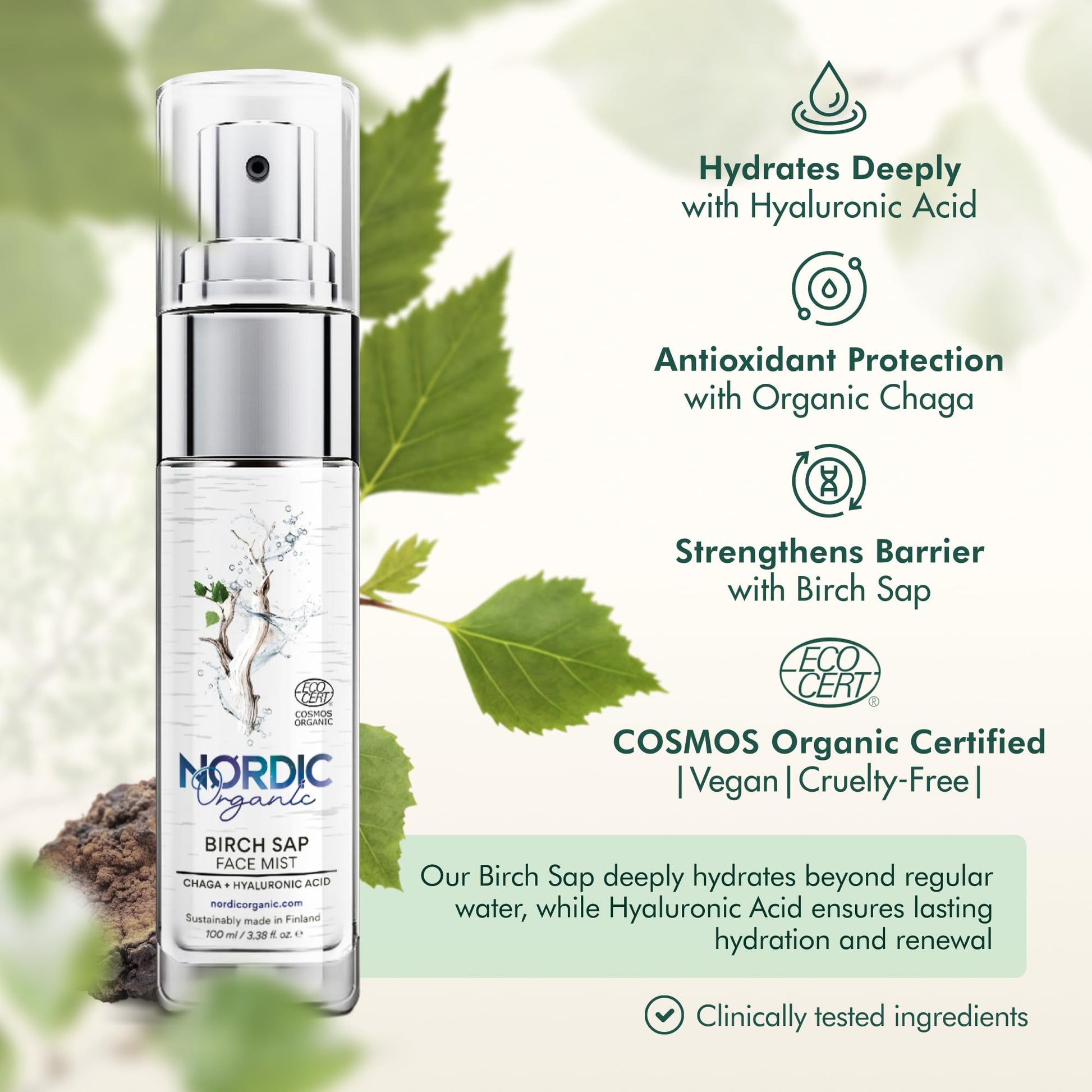 Nordic Organic Birch Sap Face Mist – COSMOS Certified Organic Formula with Hyaluronic Acid & Chaga Mushroom, Fragrance Free, Made in Finland 3.38 oz (100 ml), 1 Bottle Nordic Organic uk supplements