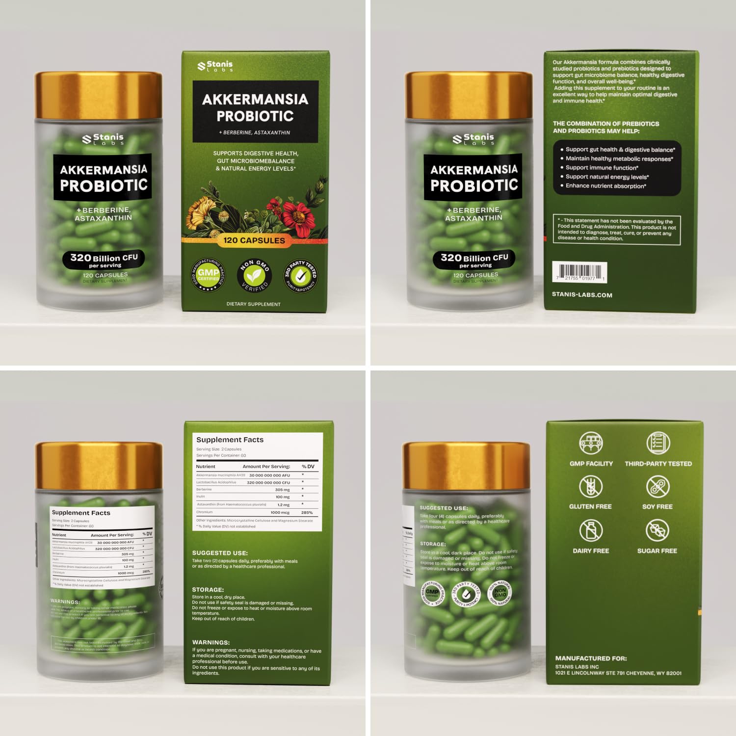Akkermansia Muciniphila Probiotics 320 Billion CFU| Probiotic and Prebiotic | Akkermansia Probiotics for gut health | Inulin Prebiotic Fiber Capsules Astaxanthin & Berberine & Chromium | 120 capsules Stanis Labs uk supplements