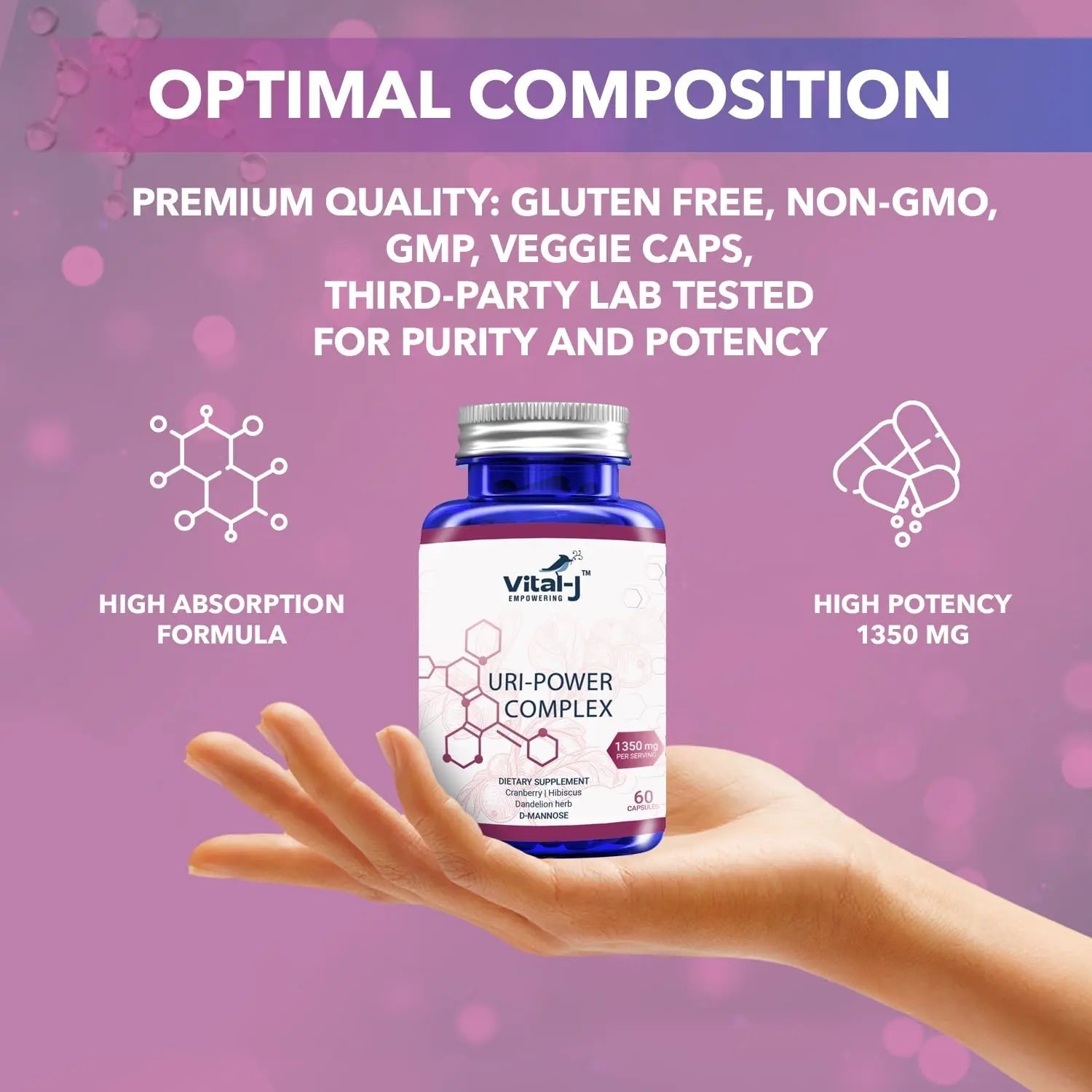 4-IN-1 URI POWER COMPLEX 1350mg - D Mannose, Cranberry, Hibiscus, and Dandelion Herb - Naturally Cleanse the Bladder and Urinary Tract 60 capsules – Specialized Approach for UTI Avoidance Vital-J Empowering uk supplements