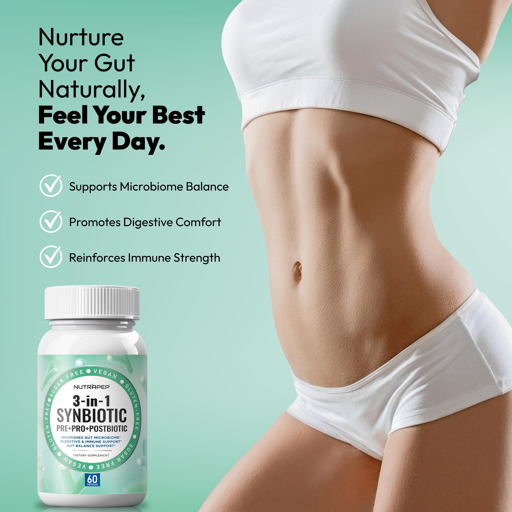 NutraPep Synbiotics Probiotic Prebiotic Postbiotic - Daily Gut Health Support with Pre Pro & Post Biotics for Men Women - Digestive & Immune Support Balance Synbiotic Supplement - Vegan Gluten Free NutraPep uk supplements