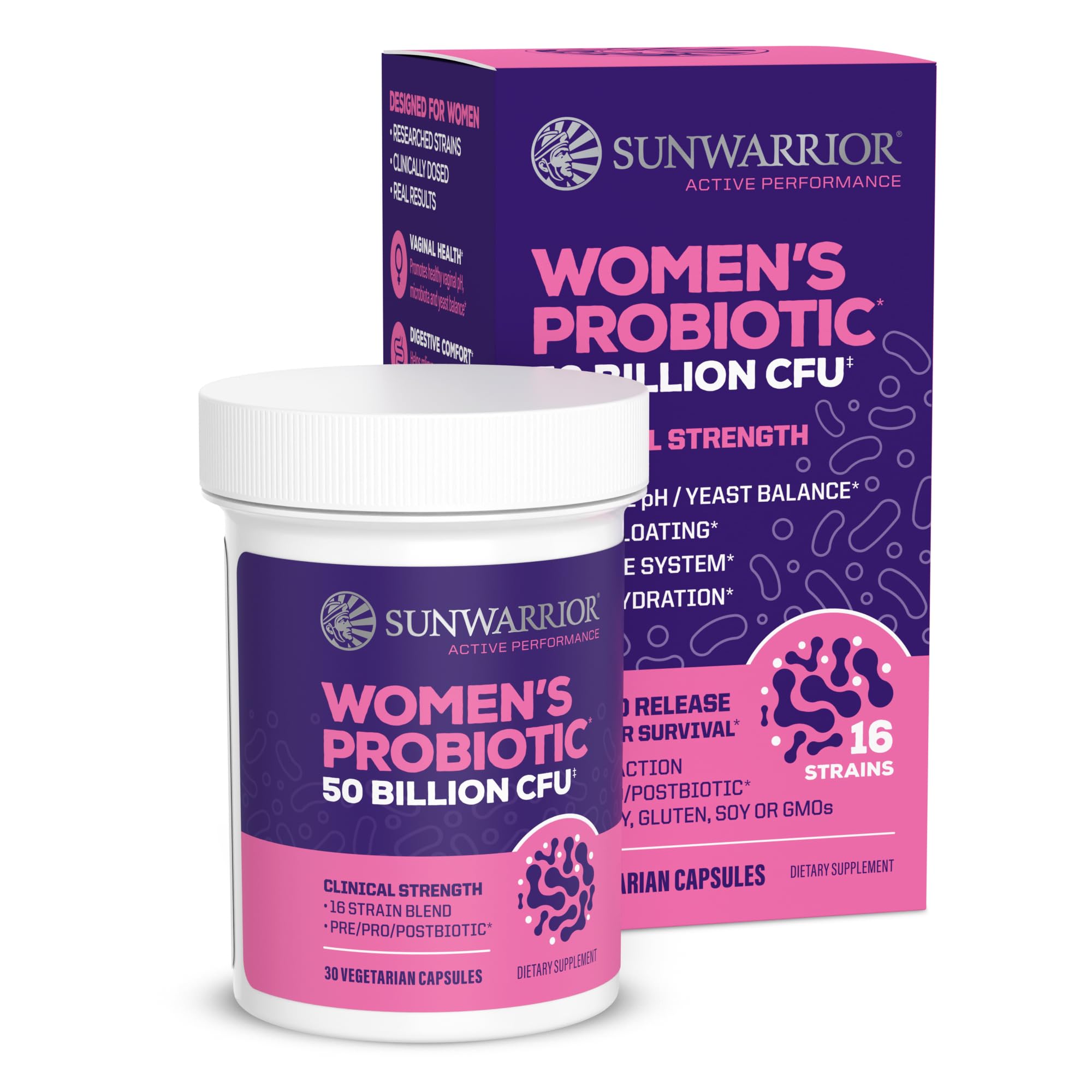 Probiotic for Gut Health 50 Billion CFU Probiotics Supplement Capsules 16 Strains Prebiotics, Postbiotics for Women Gut Immune Colon Health Energy Endurance Support Soy-Free Non-GMO 30 Capsule Serving Sunwarrior uk supplements