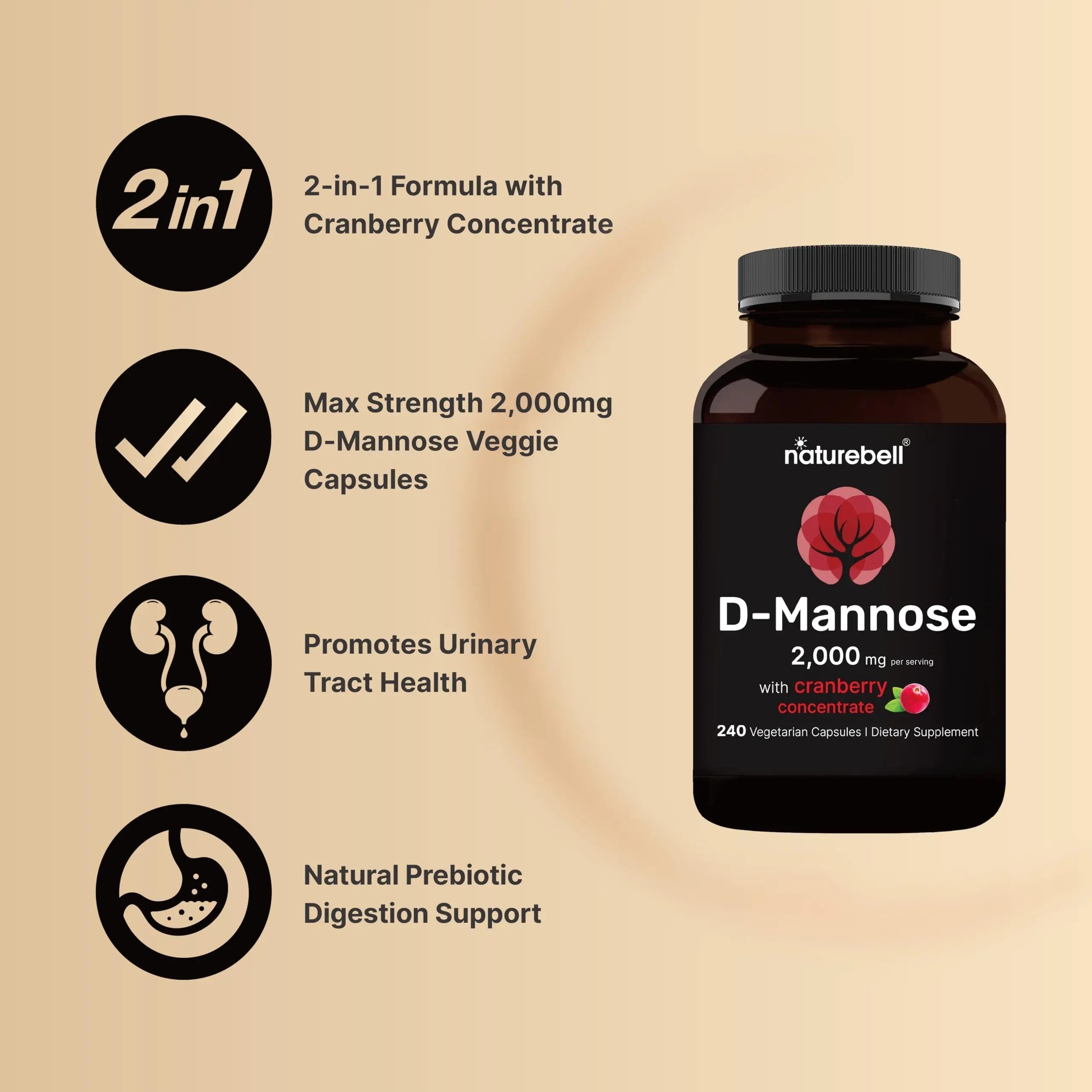 NatureBell D-Mannose 500mg Capsules (2,000mg Per Serving) | 240 Veggie Capsules + Cranberry Concentrate 40mg – Fast Acting Urinary Tract Health Pills – Ultra UTI Support for Women & Men NatureBell uk supplements