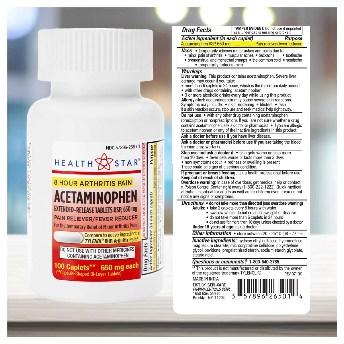 GeriCare Acetaminophen Extended-Release Arthritis 650mg Caplets, Pain Reliever, Arthritis Symptoms, Fever Reduction, 100 Count (Pack of 1) GeriCare uk supplements