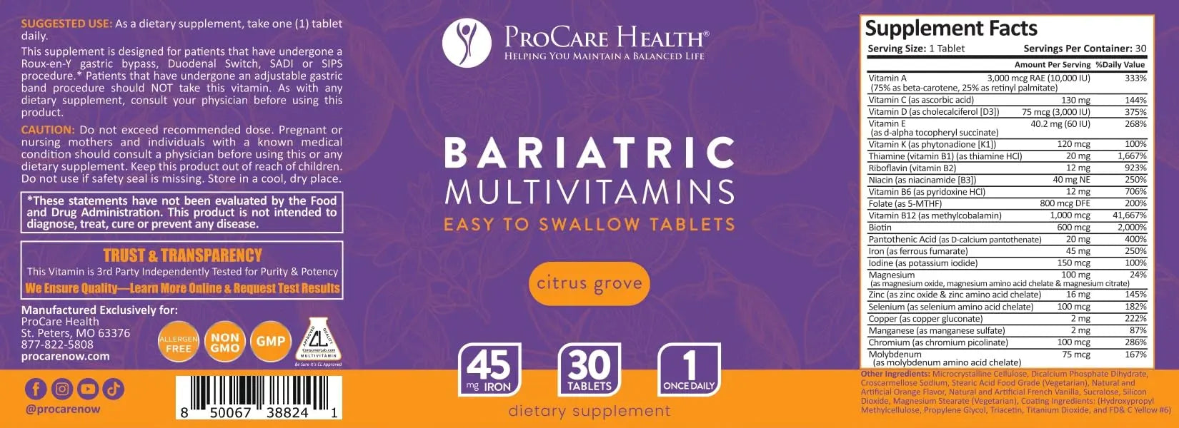 Procare Health Bariatric Multivitamin with Iron 45mg Easy to Swallow 30 Tablets - Post Op Bariatric Vitamins for Gastric Bypass Pills ProCare Health uk supplements