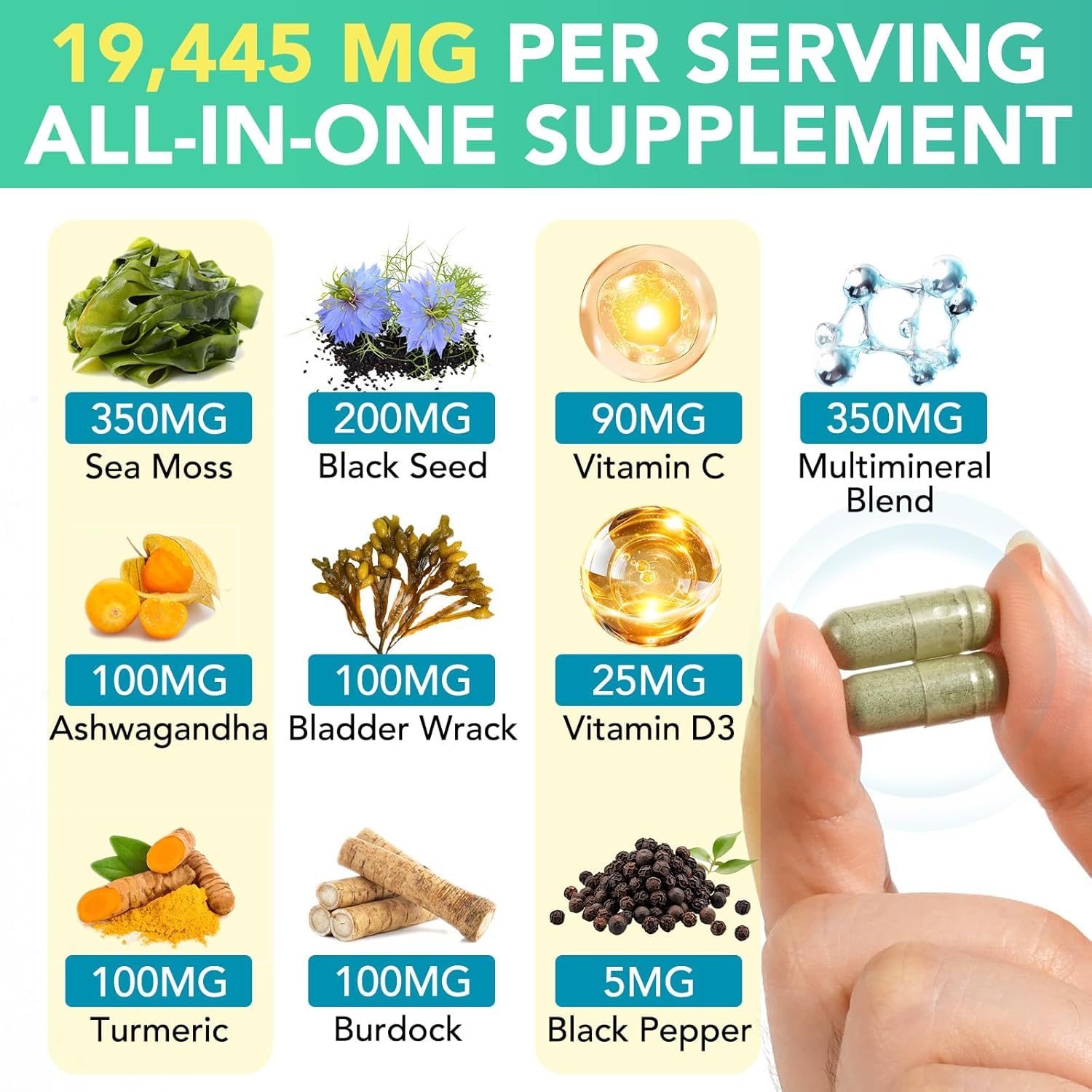 HealthyFinds Sea Moss Black Seed Oil Ashwagandha Ginger Capsules with Turmeric Bladderwrack Burdock & Vitamin C Vitamin D3 with Elderberry Manuka Dandelion Yellow Dock Iodine Chlorophyll ACV HealthyFinds uk supplements