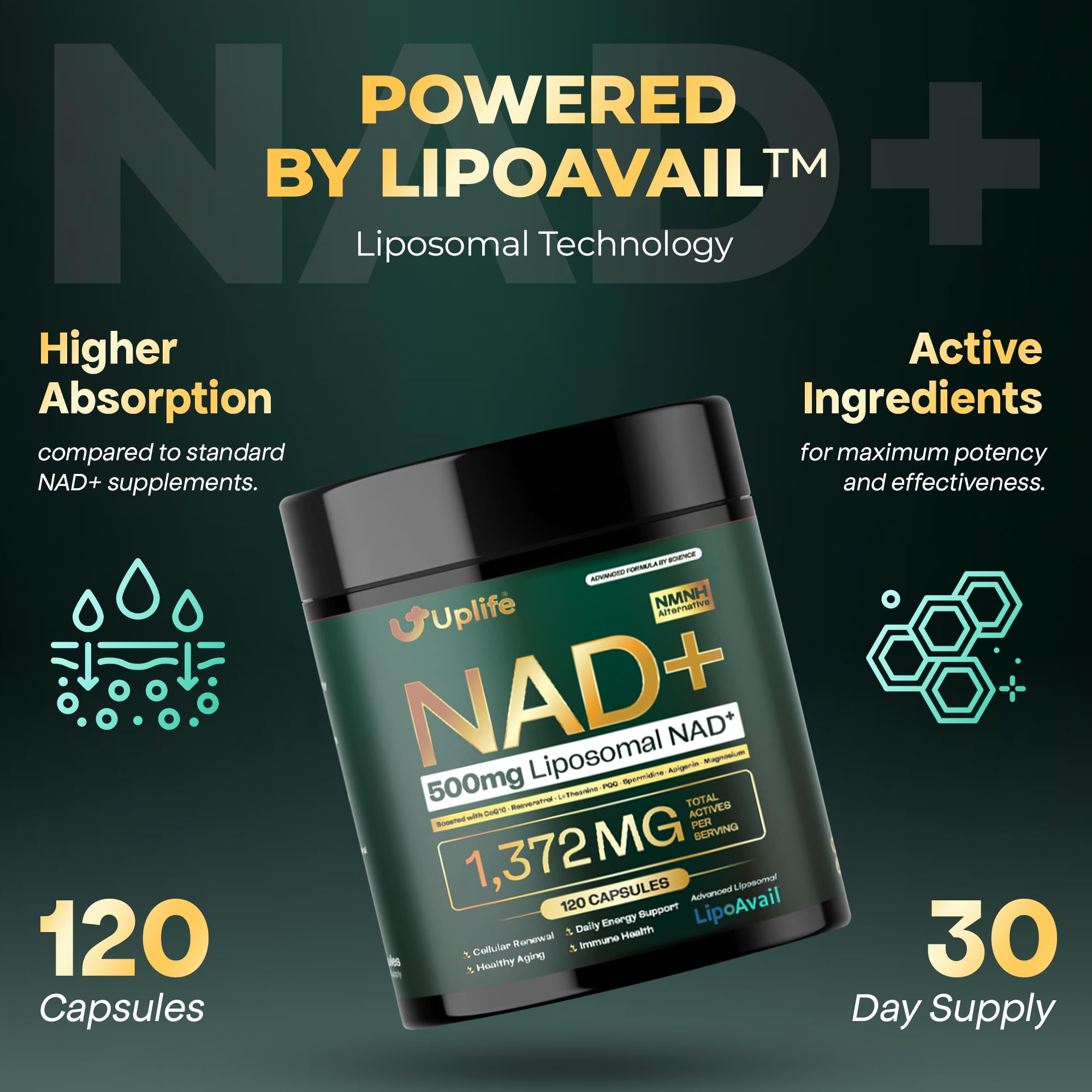 UPLIFE NAD+ Supplement 1,372mg – Liposomal NAD+ with CoQ10, Resveratrol, Spermidine, L-Theanine, Apigenin & PQQ – NMNH Alternative Booster Cellular Energy, Healthy Aging, Immune Health – 120 Capsules UPLIFE uk supplements