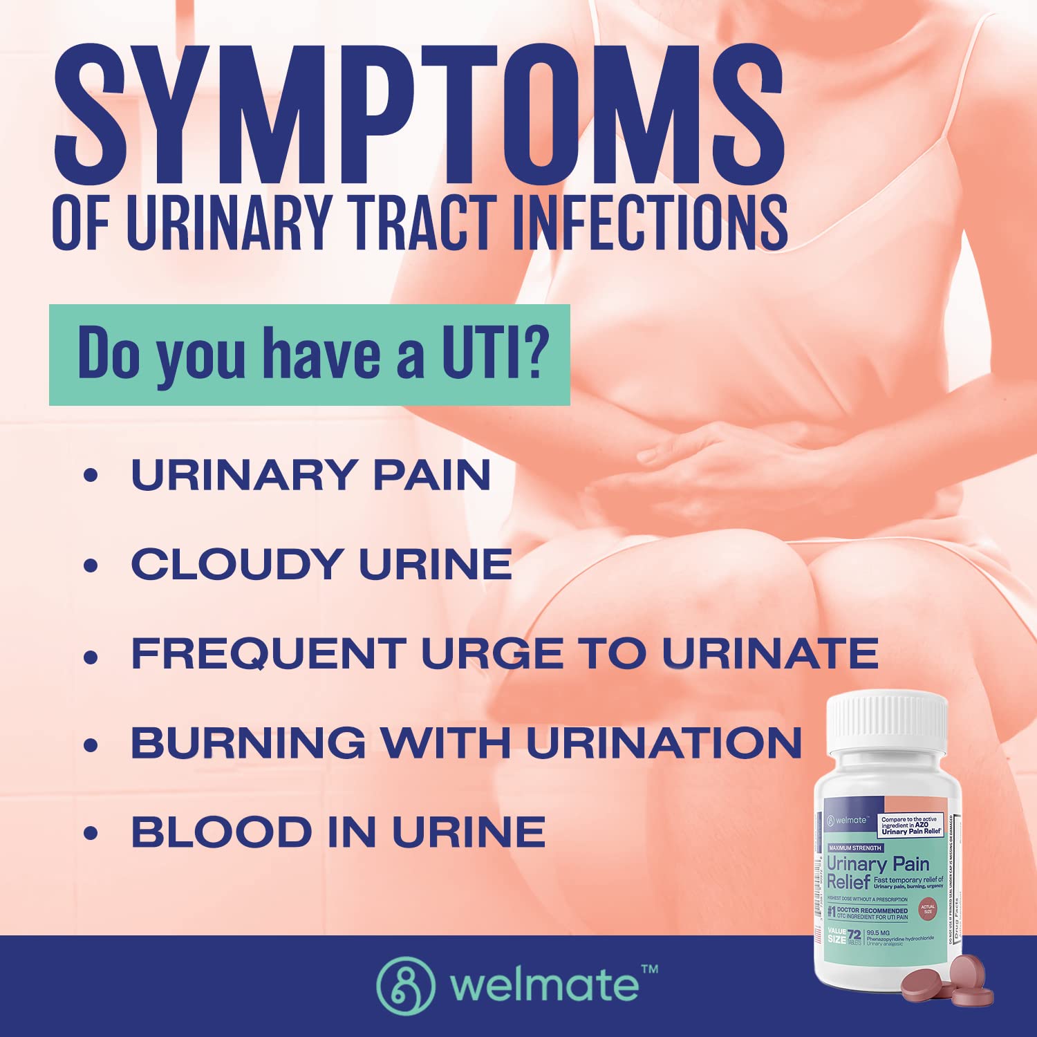 WELMATE Urinary Pain UTI Relief Maximum Strength (Phenazopyridine HCL) - Improve Urinary Tract Health & Bladder Control, Urgency, & Discomfort | Over-The-Counter Medication for Men & Women (72 Pills) WELMATE uk supplements