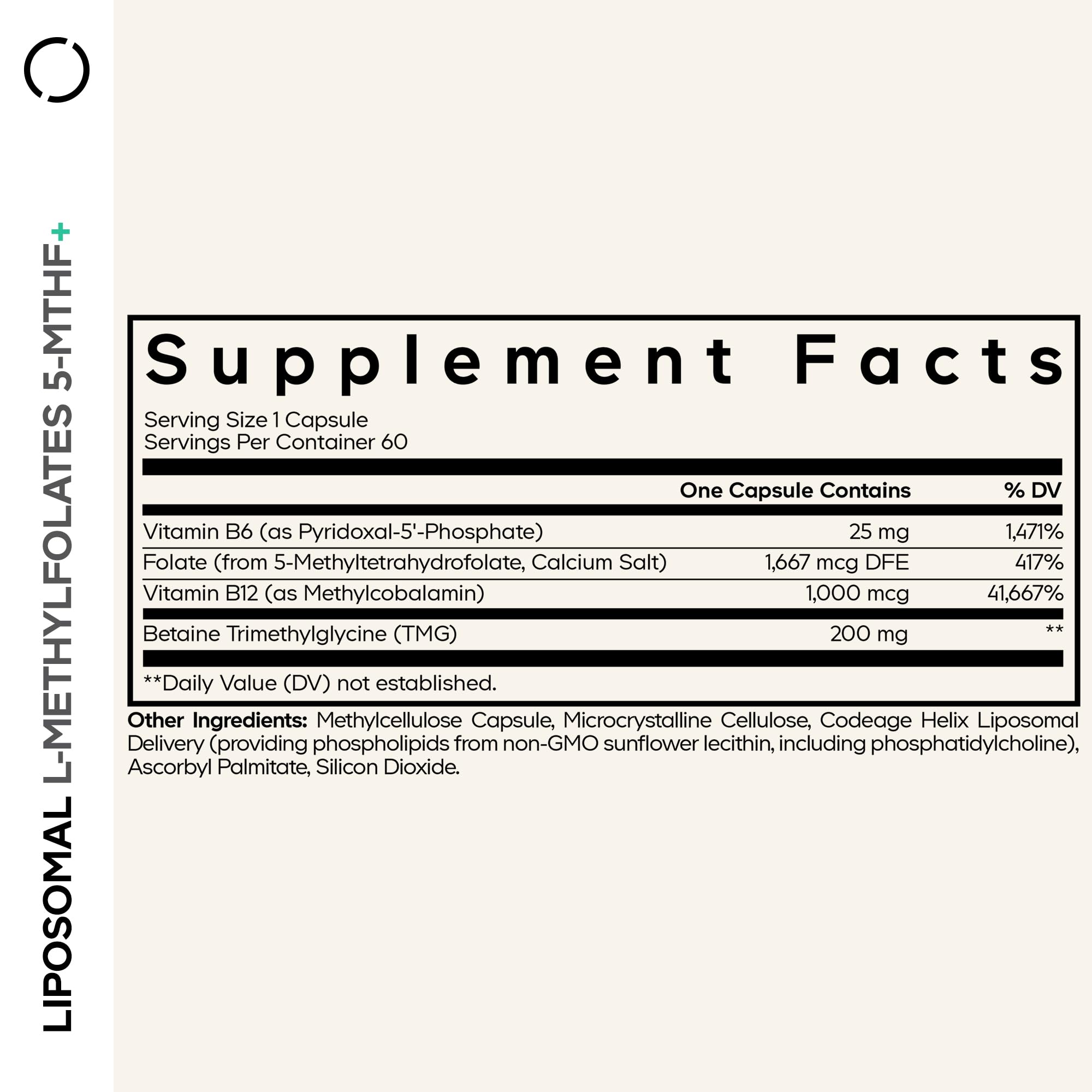 Codeage Liposomal L-Methylfolate 5-MTHF+ - Active Vitamin B9, Methylcobalamin B12, Betaine TMG, B6-2-Month Supply Multivitamins - Liposomal Delivery - Bioavailable B-Vitamin Complex - 60 Capsules Codeage uk supplements