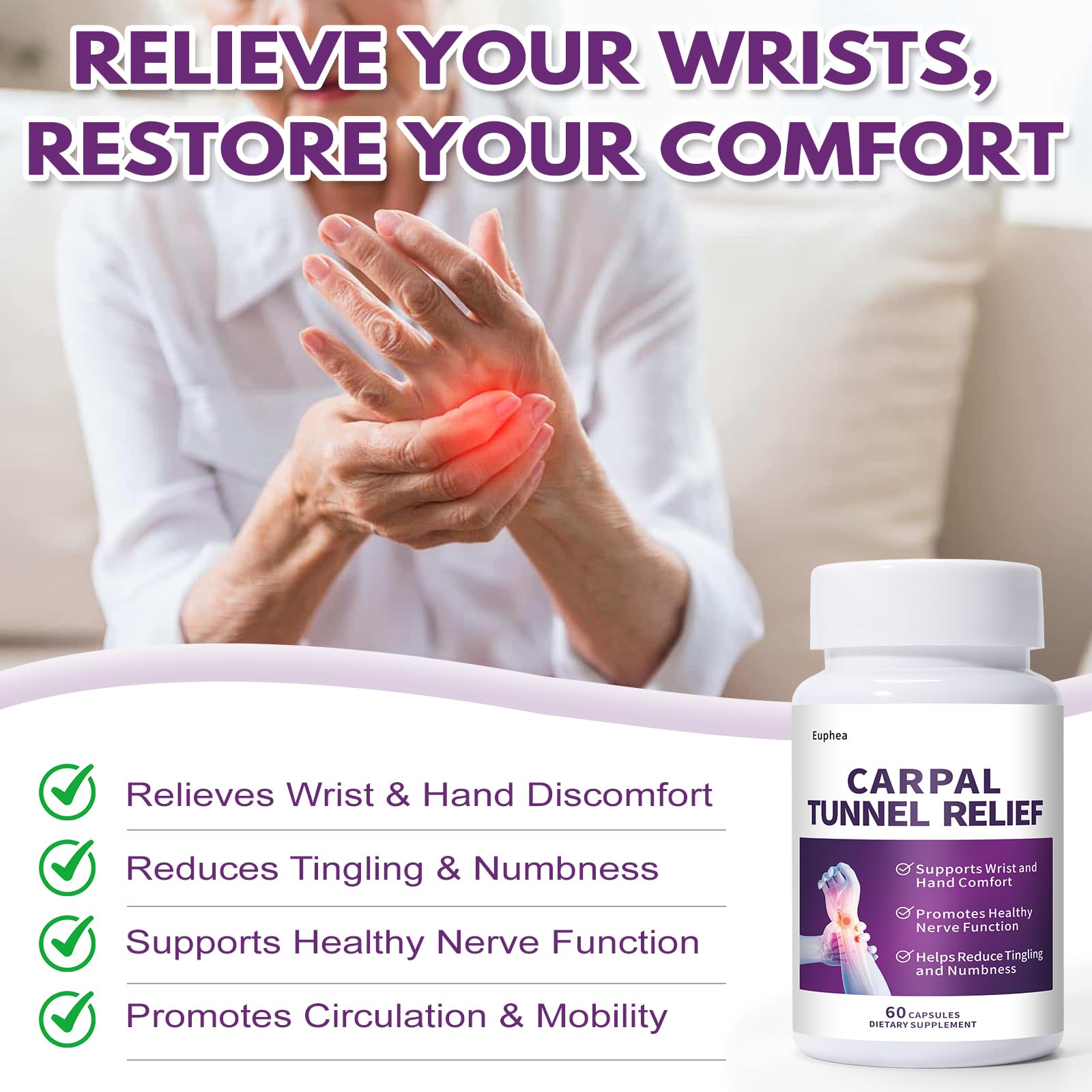 Euphea Carpal Tunnel Relief & Wrist Support Supplement, Helps Ease Tingling & Numbness,Vitamins B6, B12, C, D, K + GABA,60 Capsules Euphea uk supplements