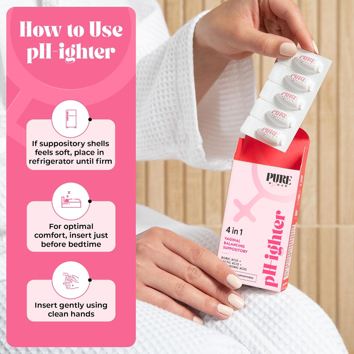 PURE WOMAN - pH-ighter Vaginal Boric Acid Suppositories for Women - Hyaluronic Acid - 4 in 1 Vaginal Suppositories for Discomfort, Dryness, Odor & pH Balance- Full Vaginal Health Care - 7pk PURE WOMAN uk supplements