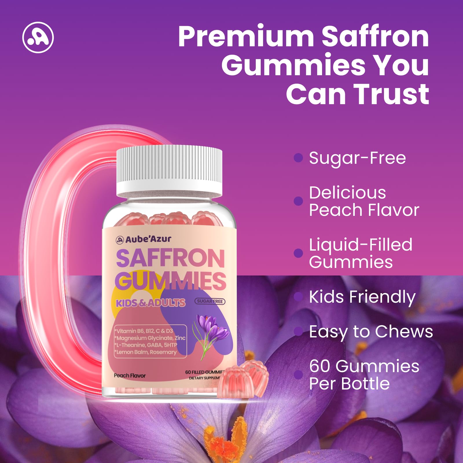 Saffron Gummies for Kids Adults 88.5mg, 15-in-1 Saffron Supplements for Kids, with B6, B12, C, D3, Magnesium Glycinate, Zinc for Nerve, Rest, Focus, Sugar Free, Vegan, Non- GMO, Peach Flavor, 60 Count Aube'Azur uk supplements