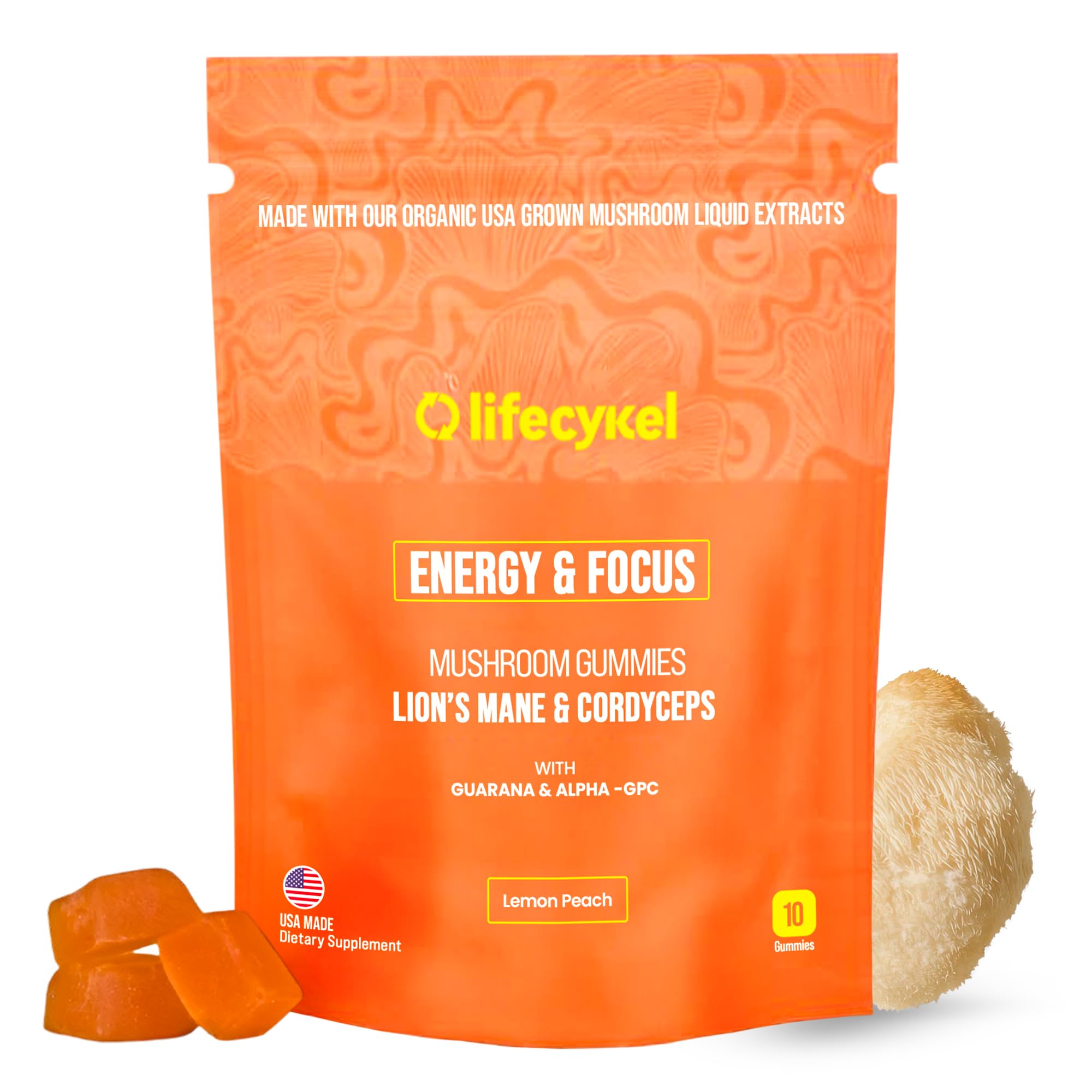 Life Cykel - AM Energy and Focus Mushroom Gummies, 10 Count - Organic Lion's Mane Gummies with Cordyceps, Guarana & Alpha GPC for Mental Clarity, Natural Energy, Endurance & Focus - Lemon Peach Flavor Life Cykel uk supplements