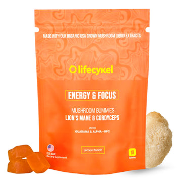 Life Cykel - AM Energy and Focus Mushroom Gummies, 10 Count - Organic Lion's Mane Gummies with Cordyceps, Guarana & Alpha GPC for Mental Clarity, Natural Energy, Endurance & Focus - Lemon Peach Flavor Life Cykel uk supplements