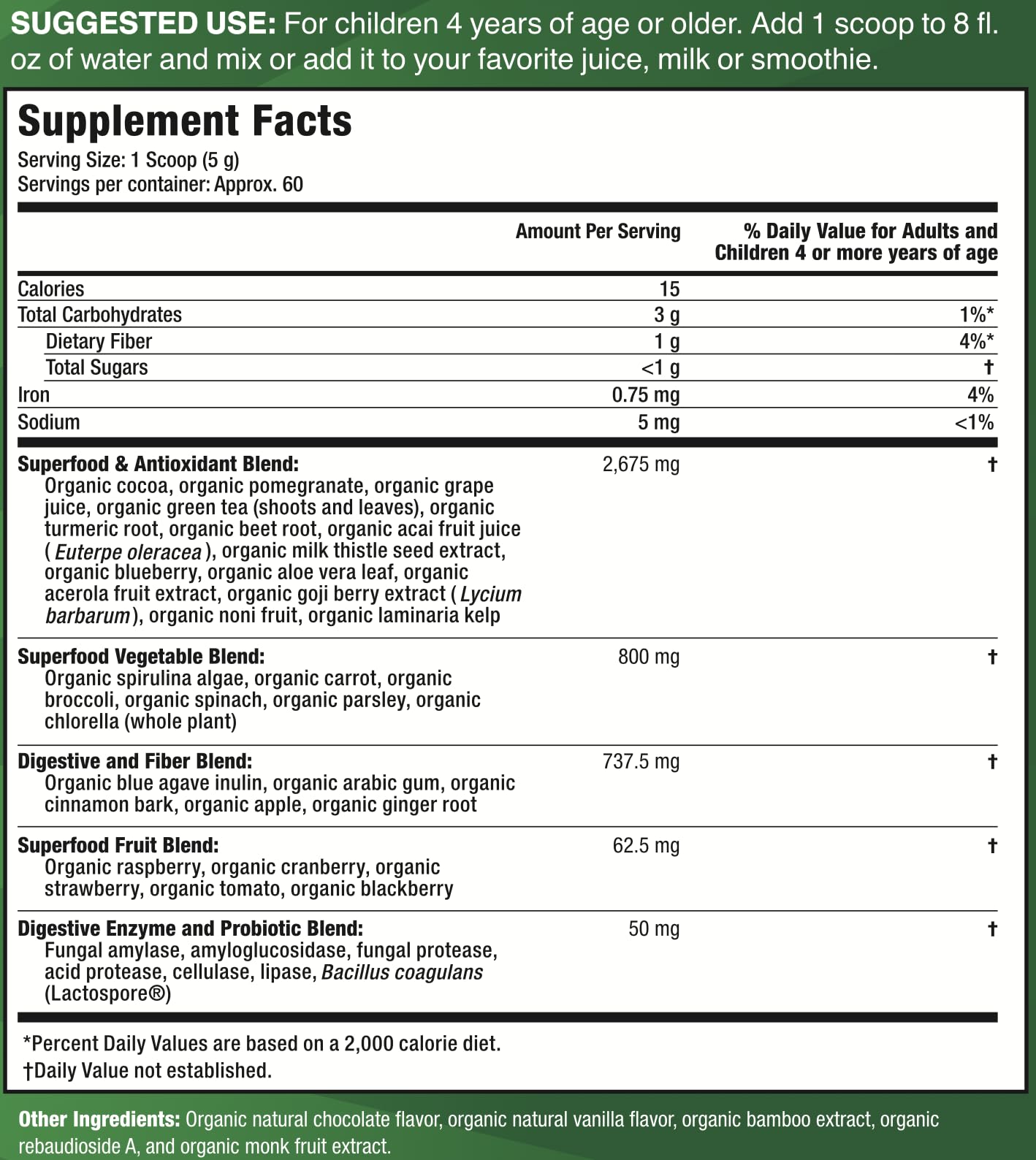 Feel Great USDA Organic Super Greens Powder for Kids - Cocao Chocolate | Fruit & Veggie Supplement | Superfood Powder with Probiotics & Digestive Enzymes for Digestive Health | 60 Days Supply The Feel Great Vitamin Company uk supplements