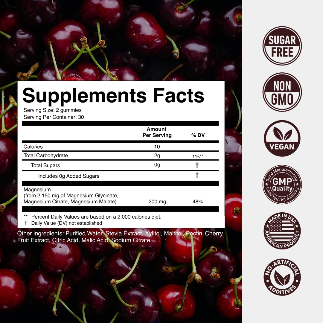 Magnesium Gummies 3in1 - Glycinate, Citrat, Malate 2150 MG High Absorption Supplement, Sugar-Free, Vegan, Chews for Men & Women, Inspired by Wellness Traditions Like Arjuna, 60 Gummies, Cherry Flavor Secret Element uk supplements