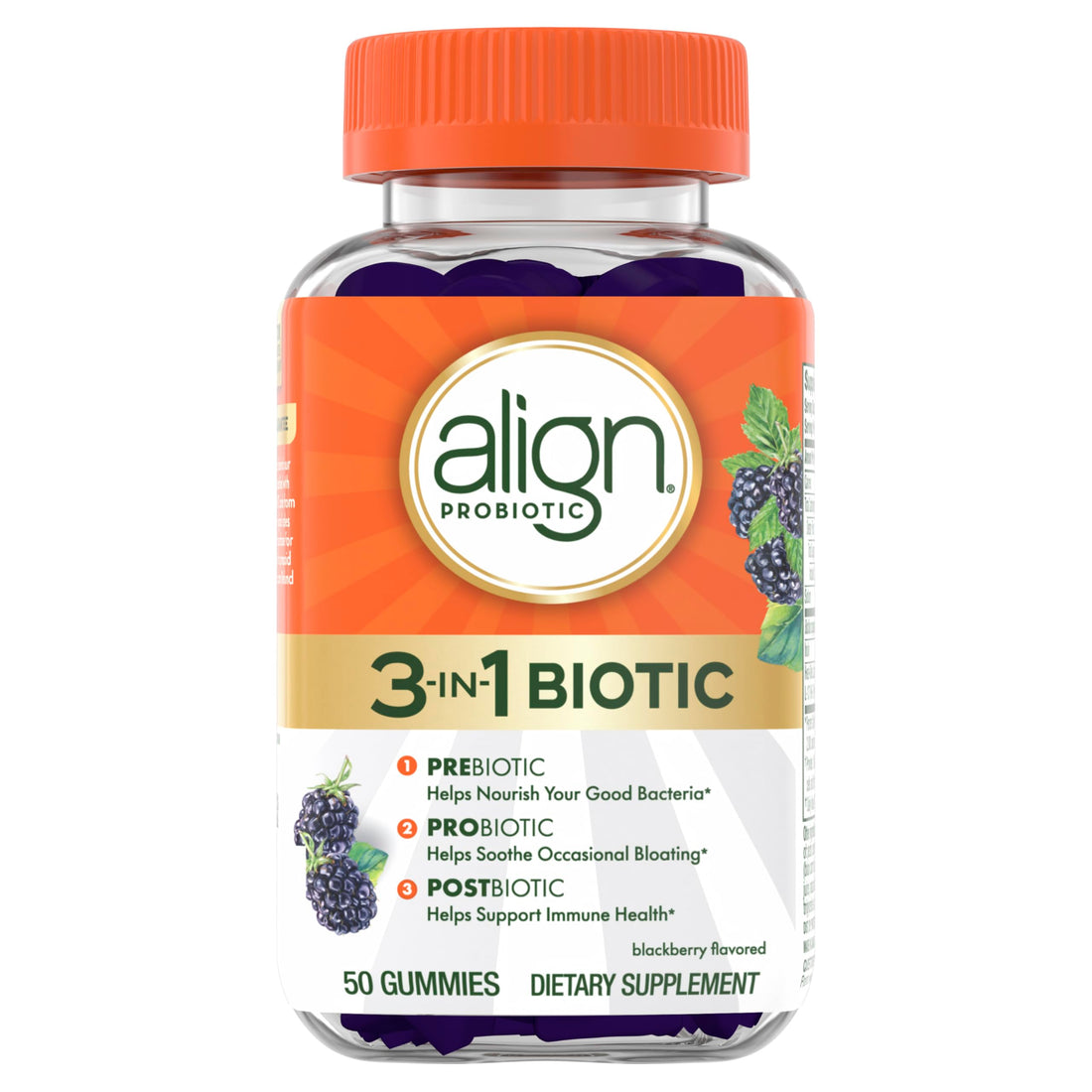 Align Probiotic, 3-in-1 Biotic Gummies, Prebiotic + Probiotic + Postbiotic, #1 Doctor Recommended Probiotic Brand‡, Helps Relieve Occasional Bloating*, BlackBerry Flavor, 50 Gummies Align uk supplements