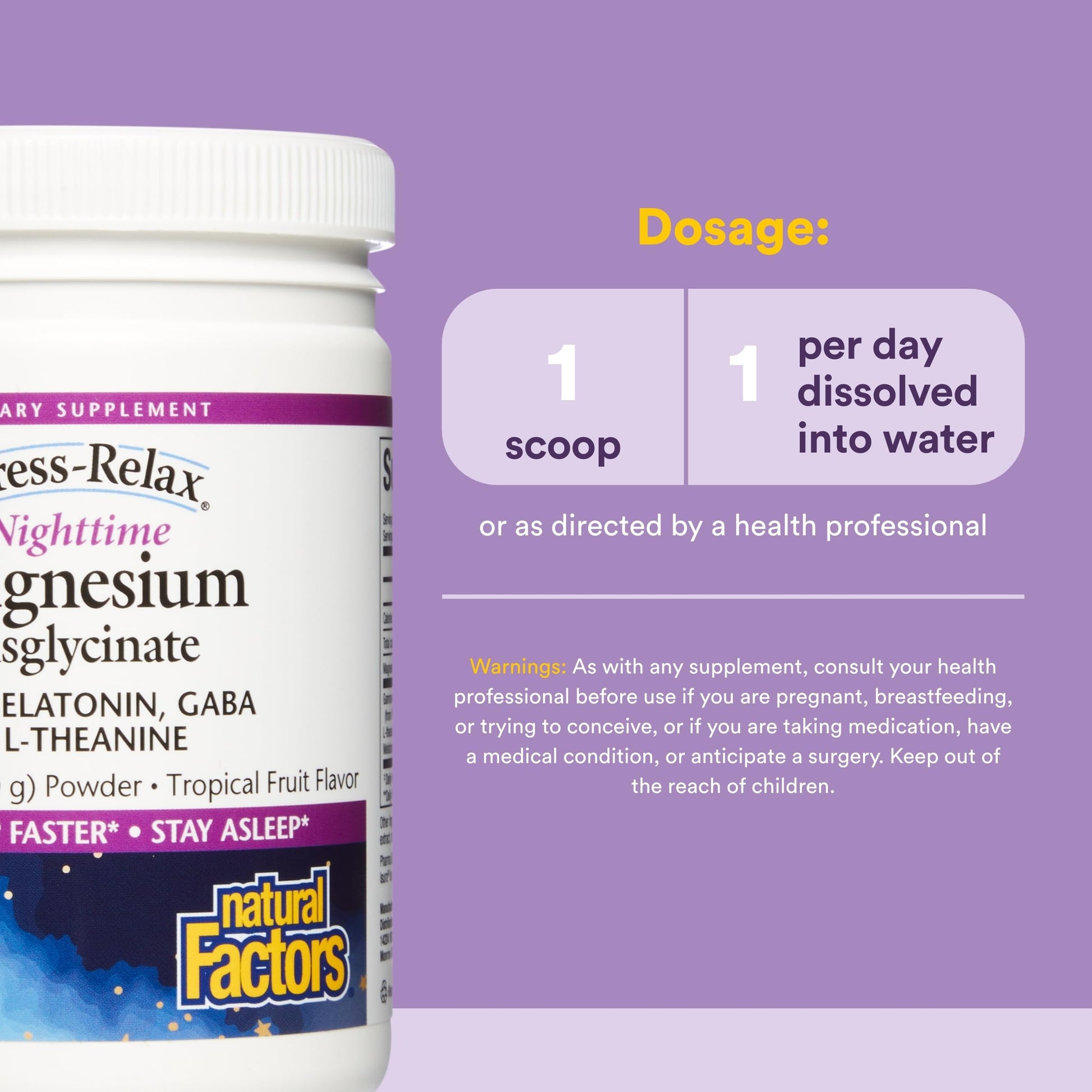Natural Factors Stress-Relax Nighttime Magnesium Bisglycinate - Supports Sleep & Relaxation* - with Melatonin, L-Theanine & GABA - Tropical Flavor - 4.23 oz Natural Factors uk supplements