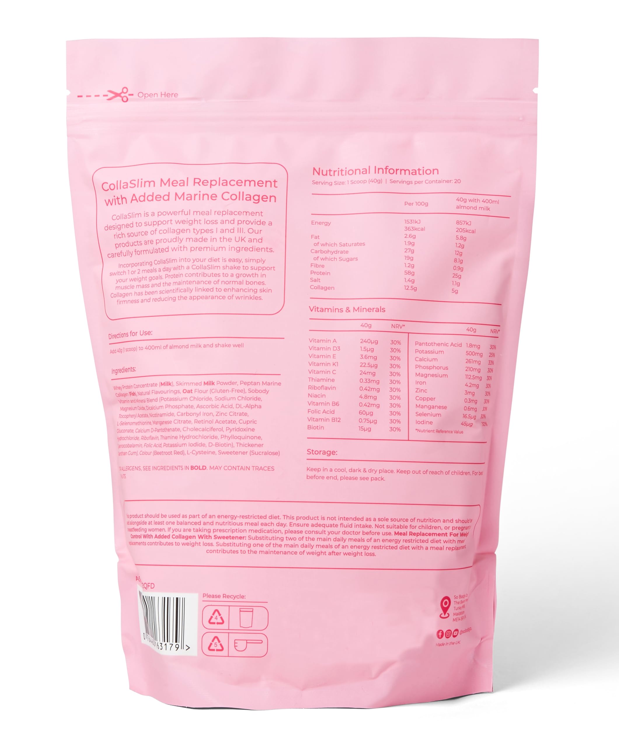 CollaSlim, Meal Replacement Shake with Added Collagen, Vitamins and Minerals, 800g So Body Co uk supplements