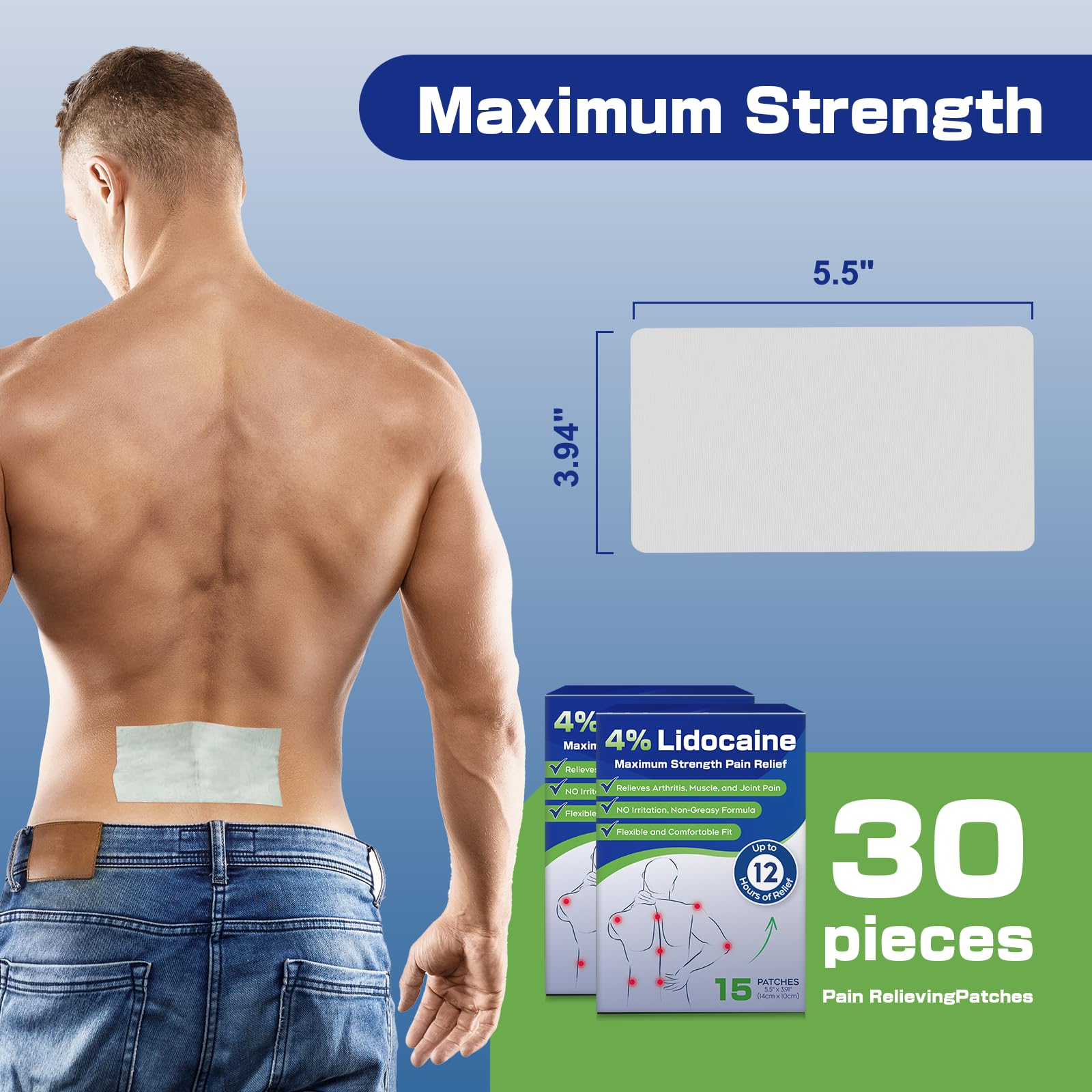 Uposiut 4% Lidocaine Pain Relief Patches 30 Count – Maximum Strength, 12 Hour Long Lasting, Flexible & Low Odor, for Back, Neck, Knee & Shoulder - 002AB Uposiut uk supplements