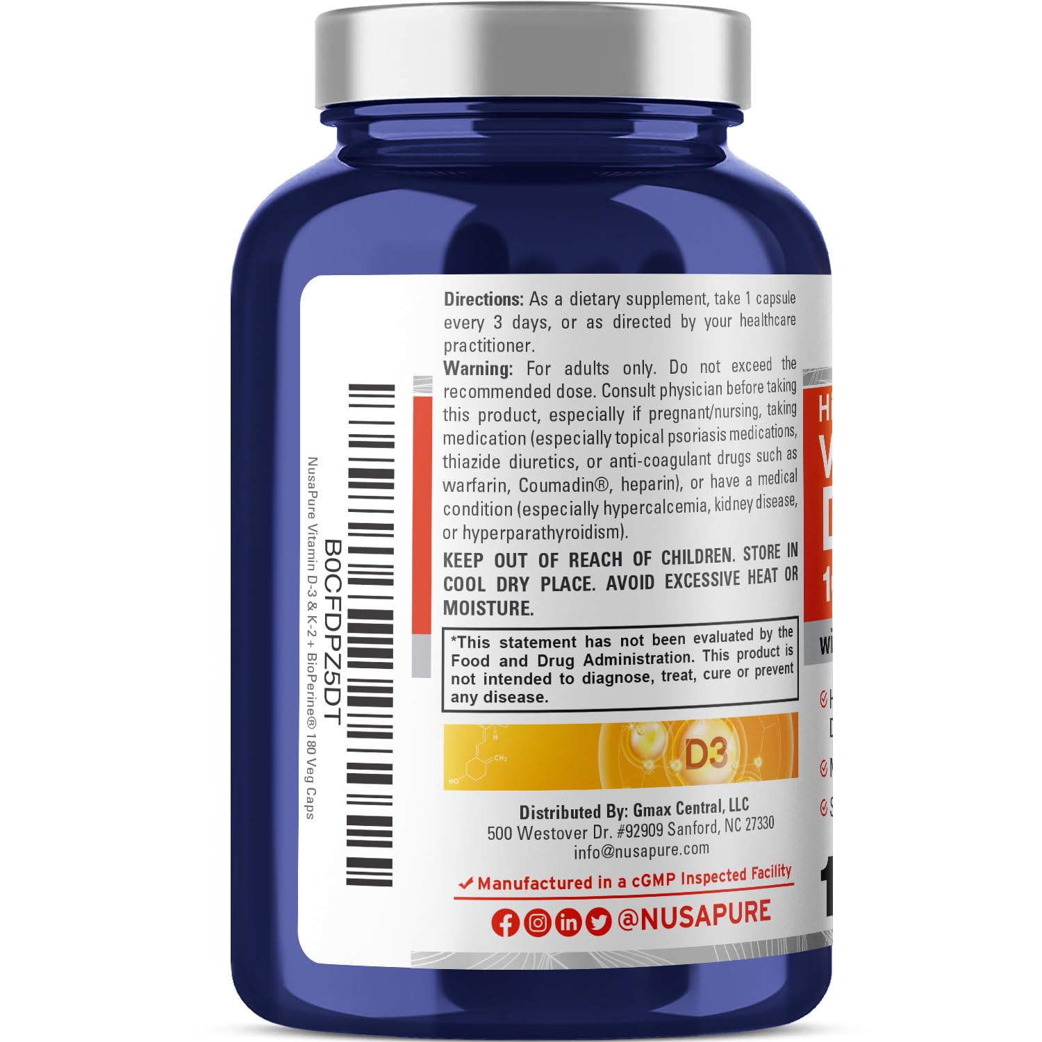 NusaPure Vitamin K2 (MK7) (200mcg) + Vitamin D3 (10000 IU) 180 Veg Caps - Bioperine, Soyfree, Non-GMO NusaPure uk supplements