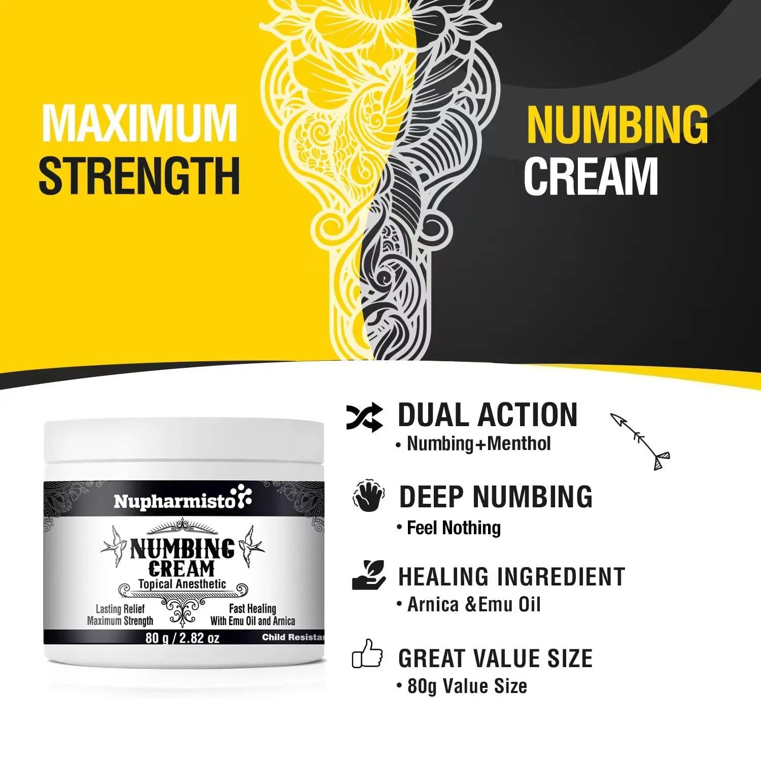 Nupharmisto Numbing Cream Maximum Strength : Long Lasting Numbing Cream with 5X Numbing - Emu Oil and Arnica 80 g / 2.82 oz Nupharmisto uk supplements