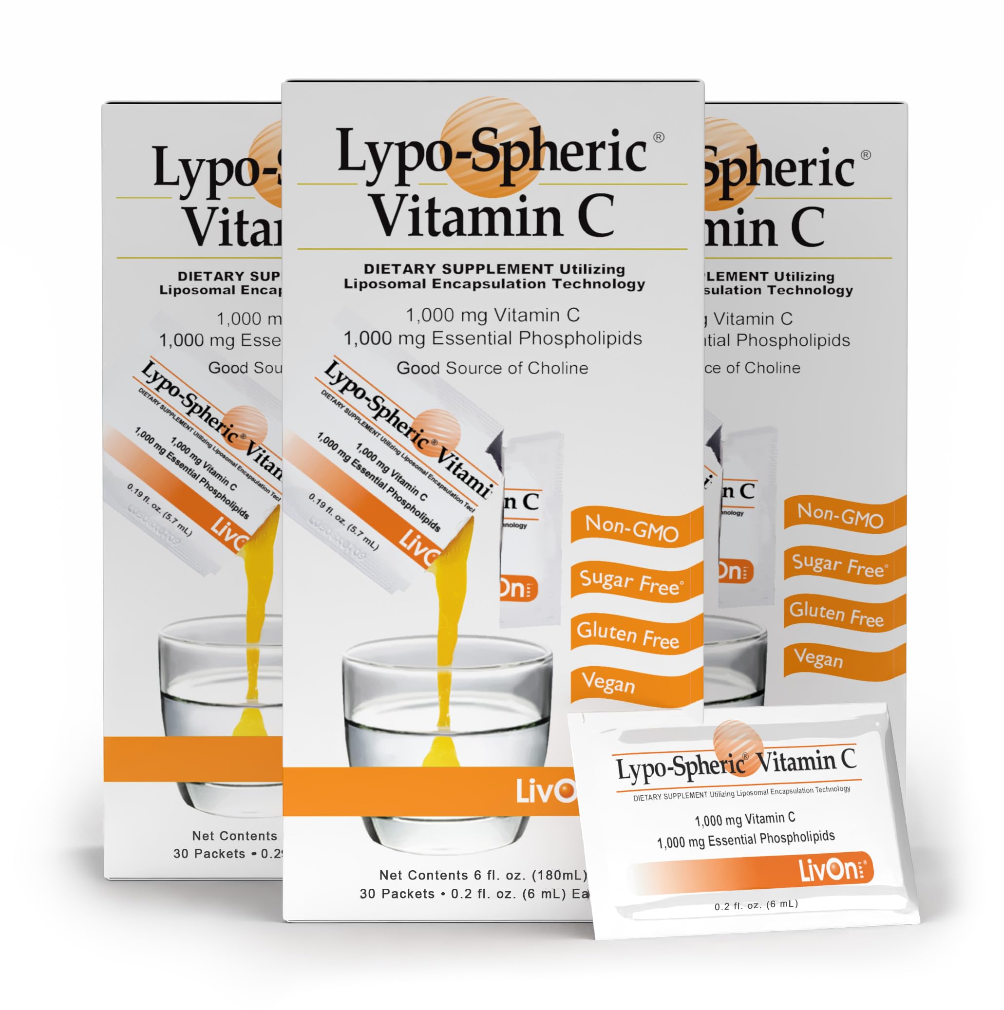 LivOn Laboratories Lypo–Spheric Vitamin C – 3 Cartons (90 Packets) – 1,000 mg Vitamin C & 1,000 mg Essential Phospholipids Per Packet – Liposome Encapsulated for Improved Absorption – 100% Non–GMO LivOn Laboratories uk supplements