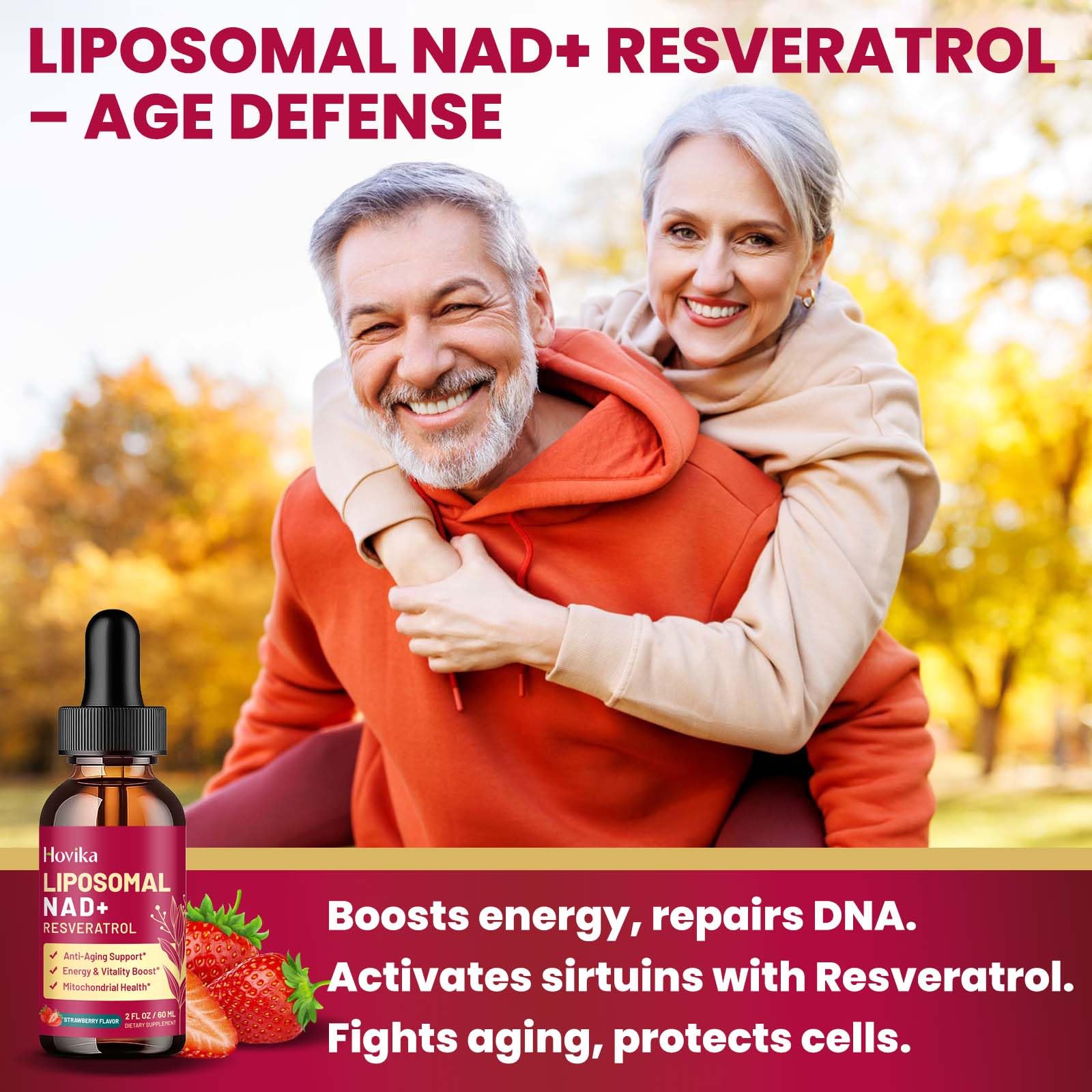 Liposomal NAD Supplement - 1200mg NAD+ Liquid Drops for Women & Men with Resveratrol, Black Pepper Extract - Support Anti-Aging, Brain & Cellular Mitochondrial Health - 2 Fl Oz, Strawberry Flavor Hovika uk supplements