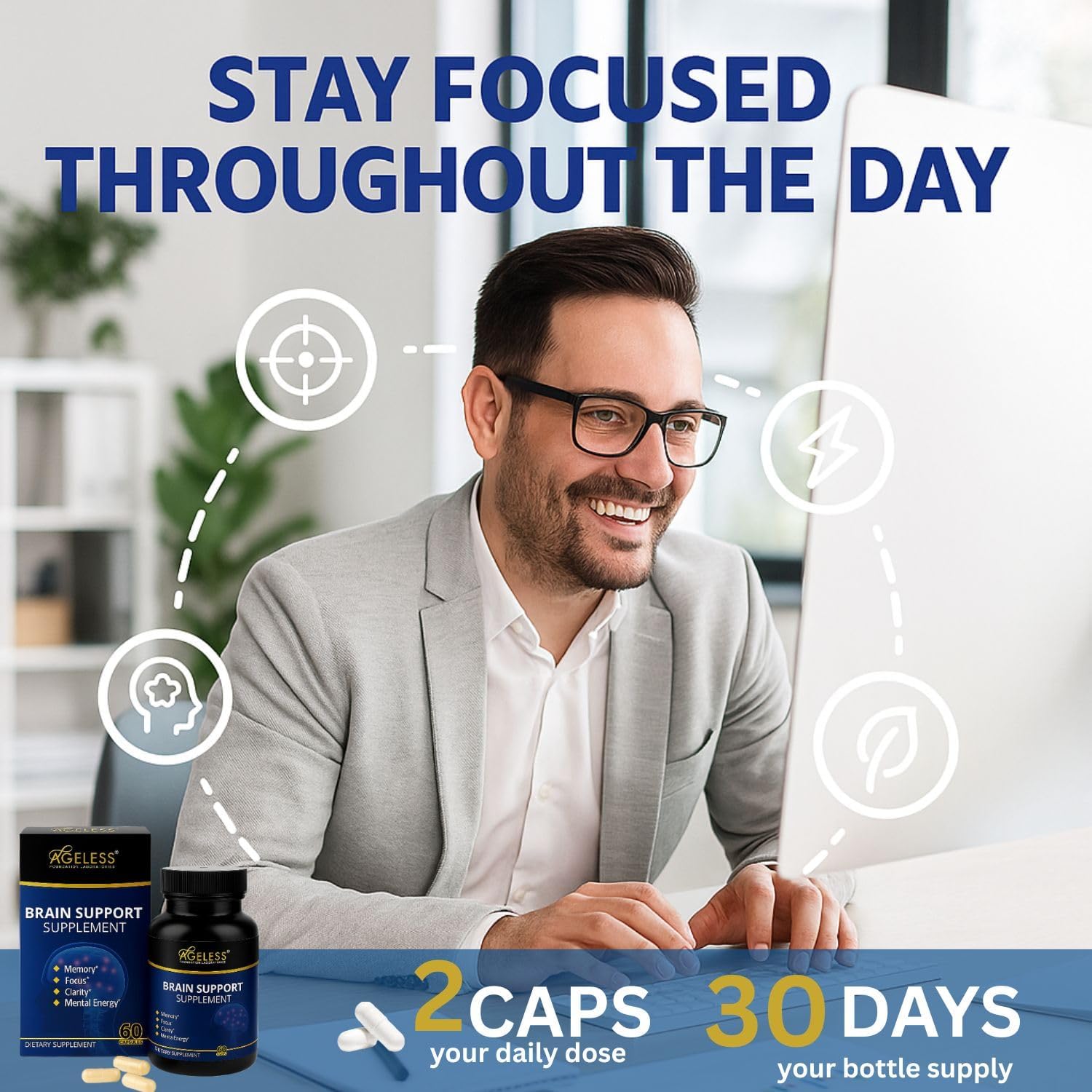 Ageless Brain Supplements for Memory and Focus 1000 MG | Cognitive Improvement | Formulated with Clinically Studied Ingredients | Support Mental Clarity & Neuro Health | Vitamin B6, B12, 60 Capsules Ageless Foundation Laboratories uk supplements