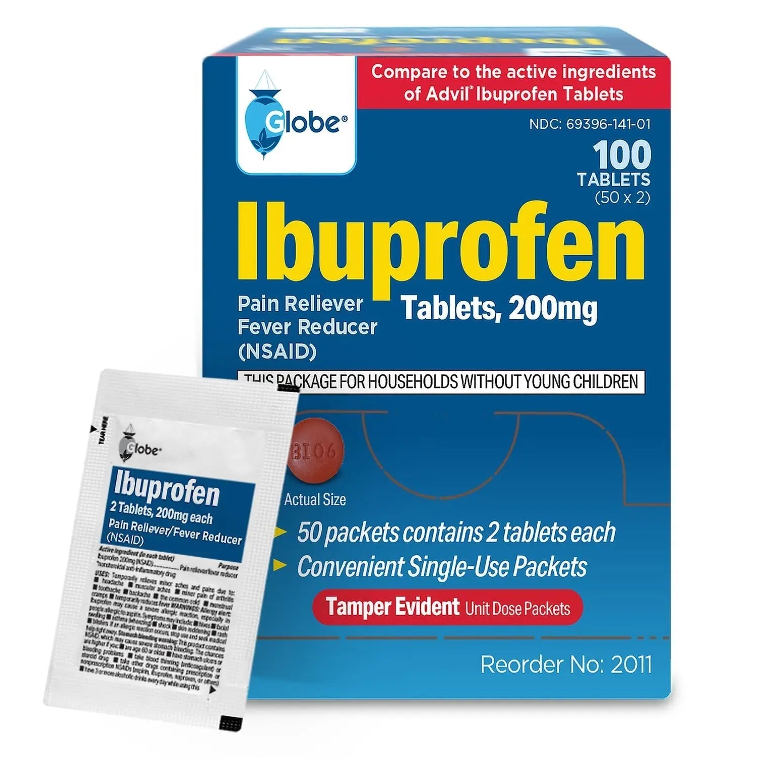 Globe Ibuprofen Tablets, 200 mg, Pain Reliever and Fever Reducer, for Headache, Muscular Aches, Arthritis, Backache and More 50 Packets of 2 Tablets Each,100 Tablets Trifecta Pharmaceuticals USA uk supplements