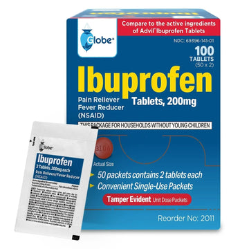 Globe Ibuprofen Tablets, 200 mg, Pain Reliever and Fever Reducer, for Headache, Muscular Aches, Arthritis, Backache and More 50 Packets of 2 Tablets Each,100 Tablets Trifecta Pharmaceuticals USA uk supplements