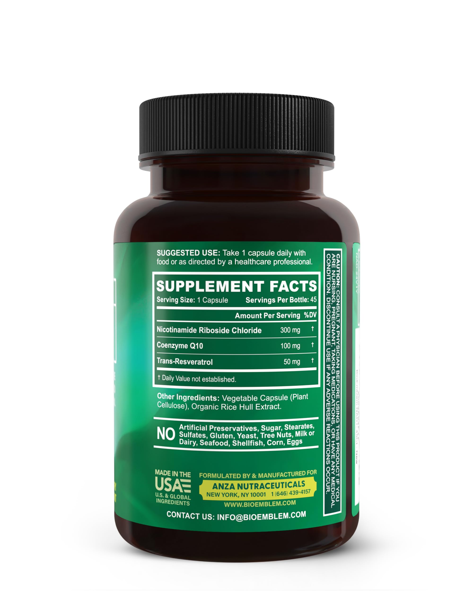 BioEmblem NAD+ Supplement | 300 mg Nicotinamide Riboside with CoQ10 & Resveratrol | Supports Healthy Aging, Cellular Energy and Cognitive Function | Non-GMO, Gluten Free - 45 Capsules BioEmblem uk supplements