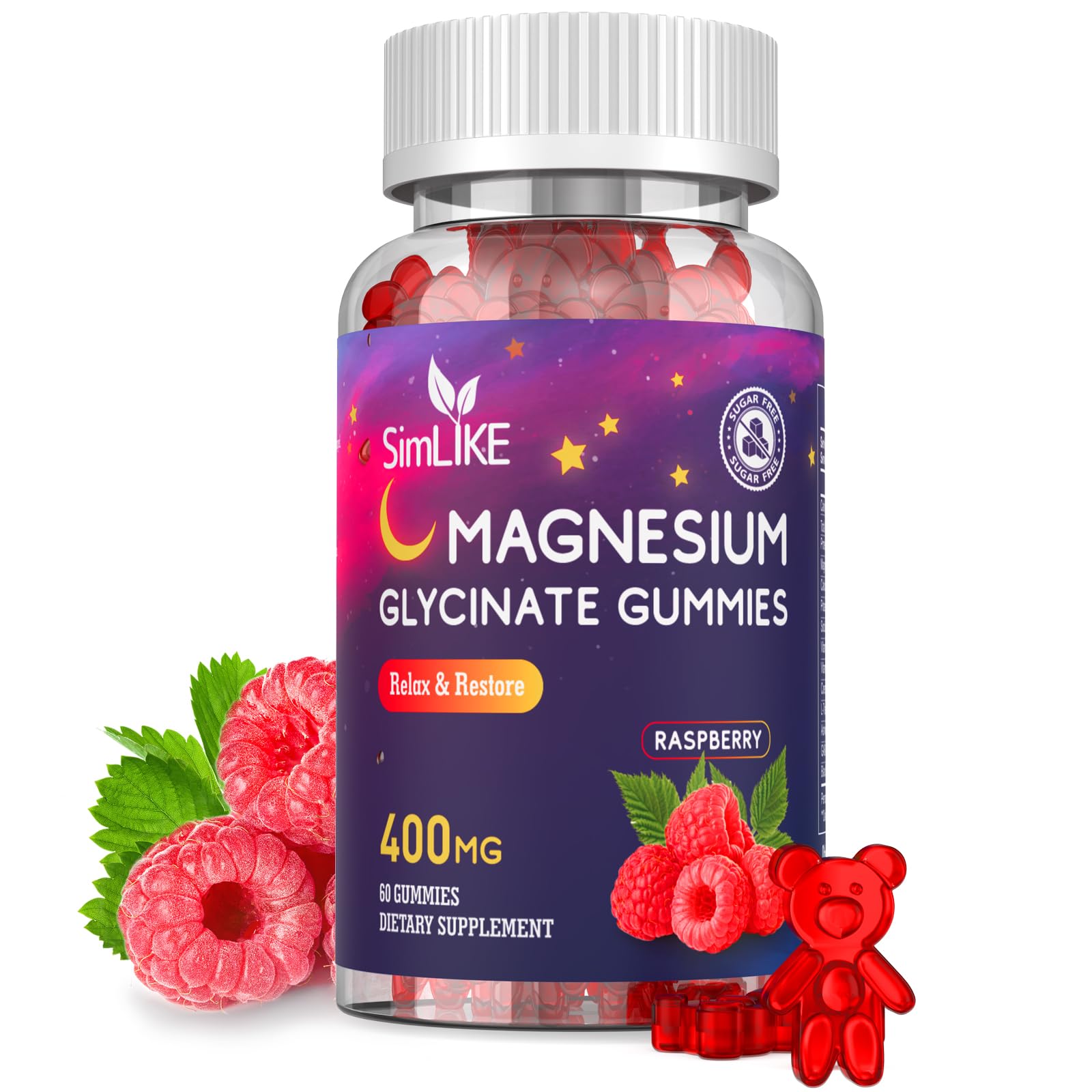 Magnesium Glycinate Gummies 400mg, High Absorption Magnesium Gummies with L-Theanine, Ashwagandha & GABA for Relaxation, Stress Relief & Sleep, Sugar Free, Vegan, 60 Raspberry Simlike uk supplements