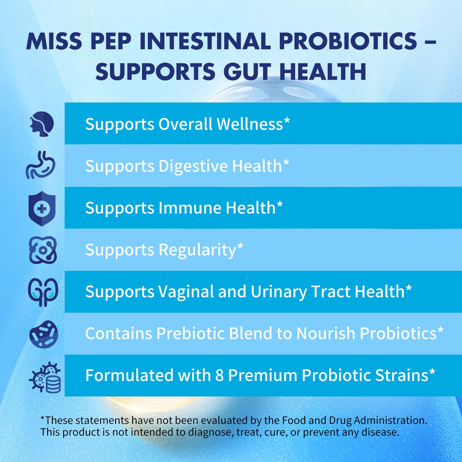 MISS PEP Probiotics 50 Billion CFU - 8 Unique Strains + 3 Prebiotics - Immune, Digestive & Gut Health - Supports Occasional Constipation, Diarrhea, Gas & Bloating - Probiotics for Women & Men - 30ct MISS PEP uk supplements